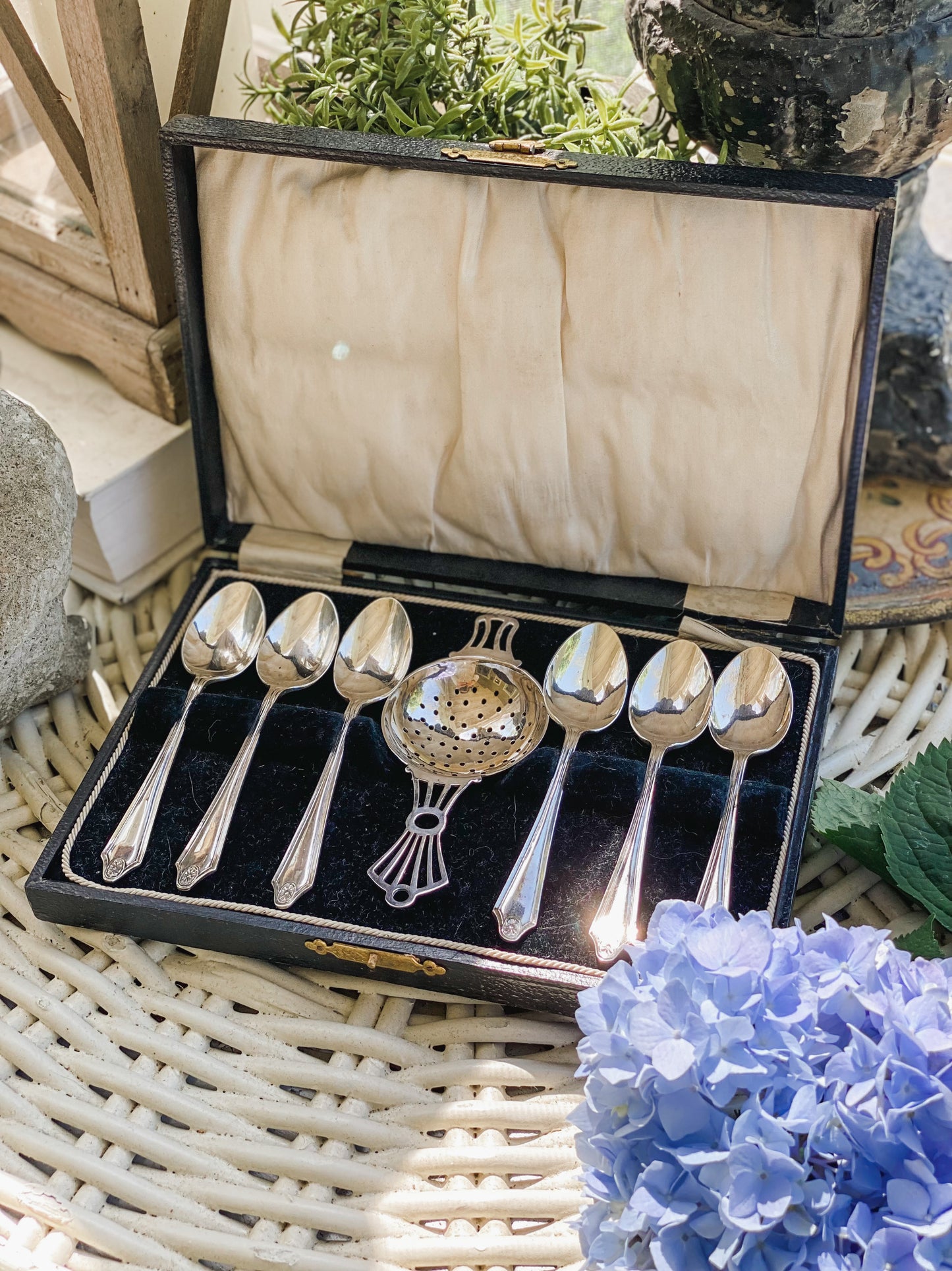 Boxed set Antique Tea spoons and Beautiful Tea Strainer
