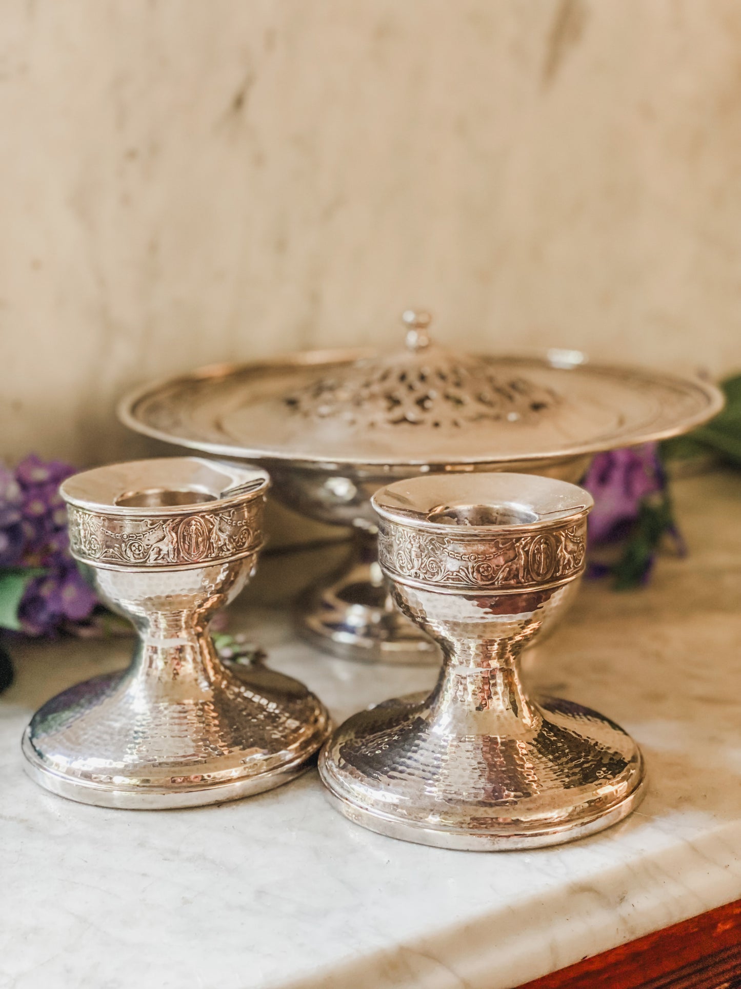 Art Nouveau Flower Frog Pedestal and Matching Candlesticks