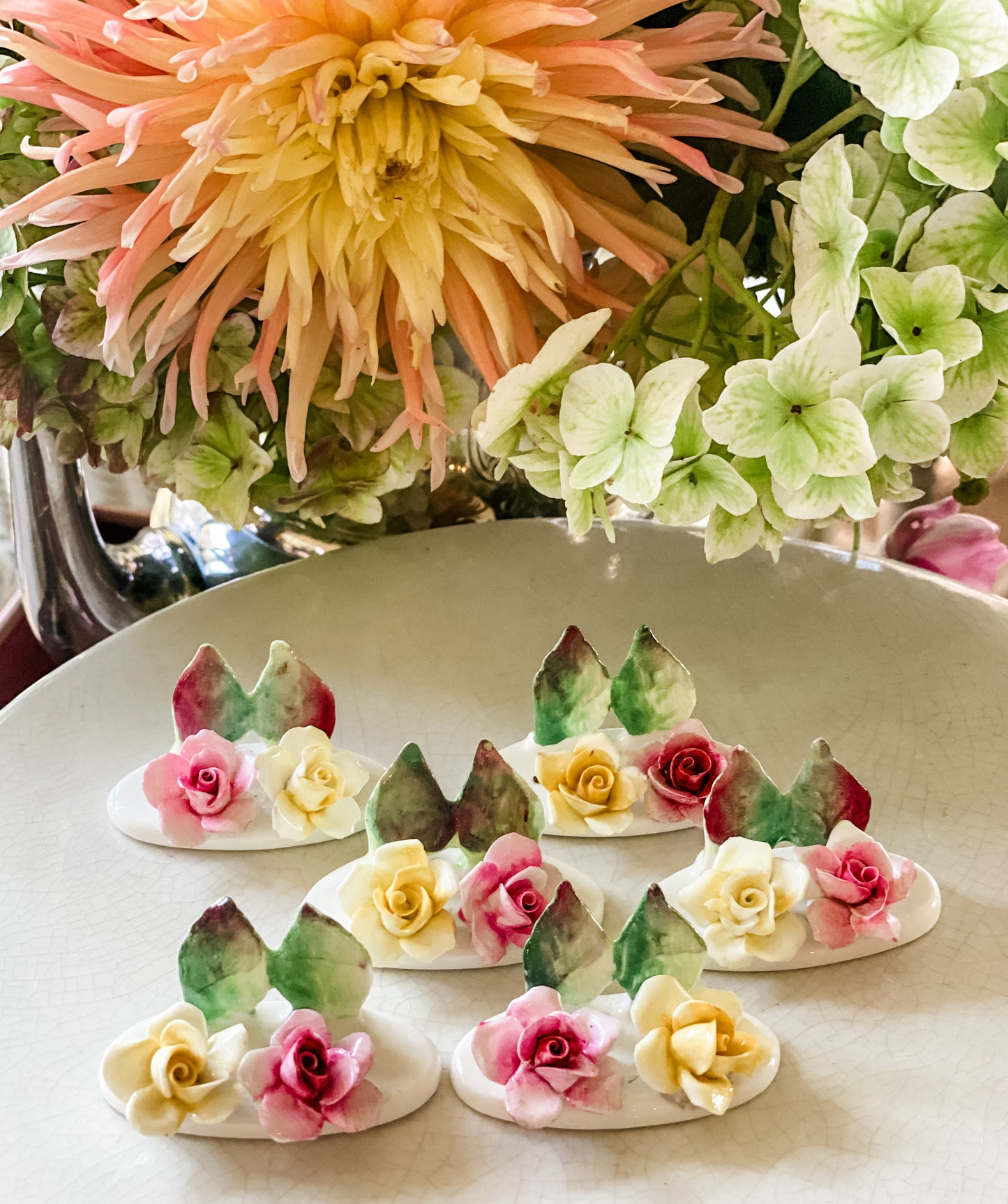 Set of 6 Staffordshire Pink and Yellow Placecard Holders