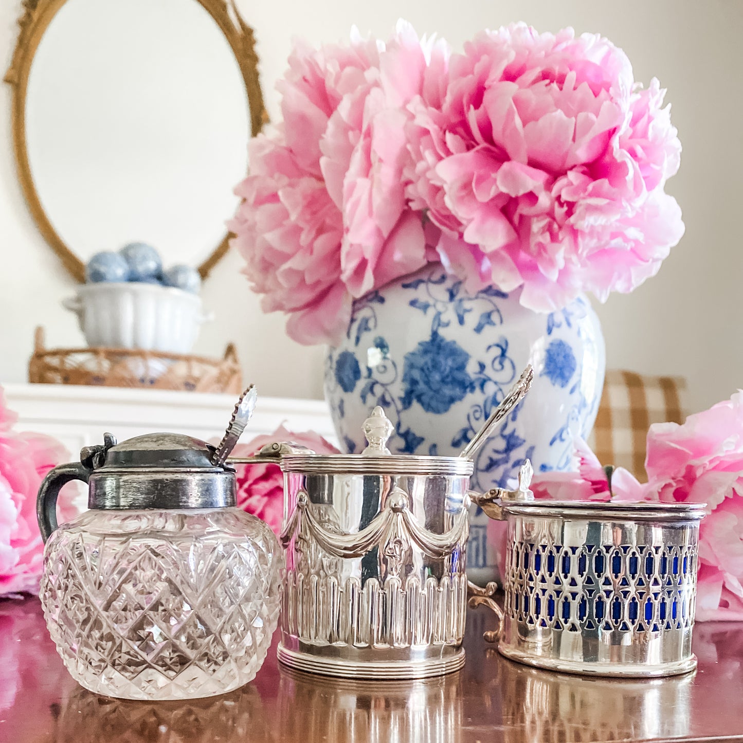 Antique Reticulated Silver Jar With Cobalt Blue Liner