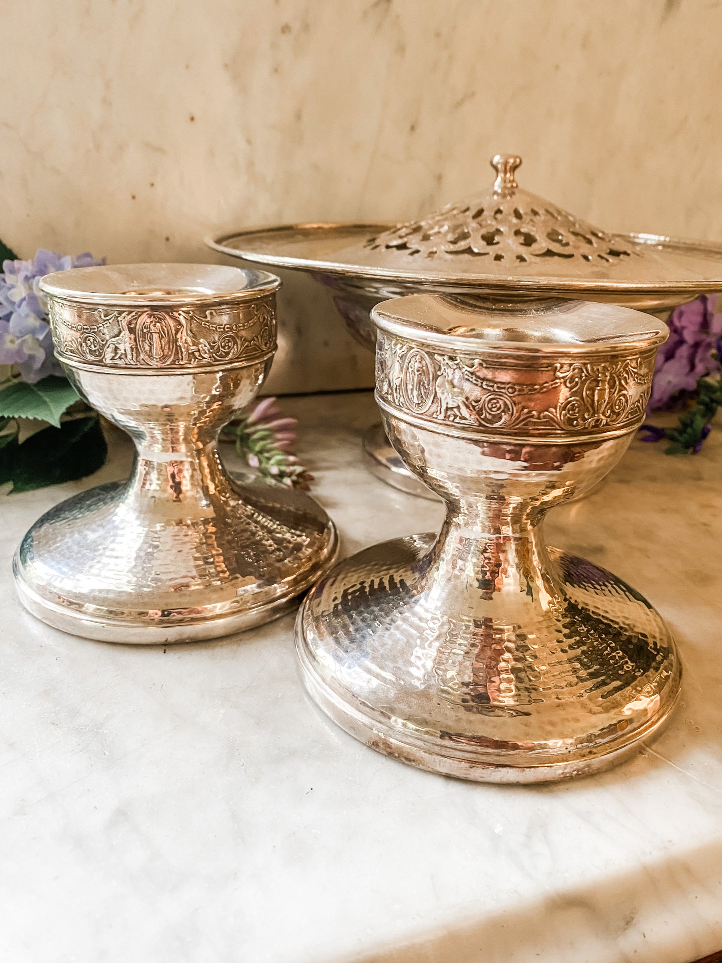 Art Nouveau Flower Frog Pedestal and Matching Candlesticks