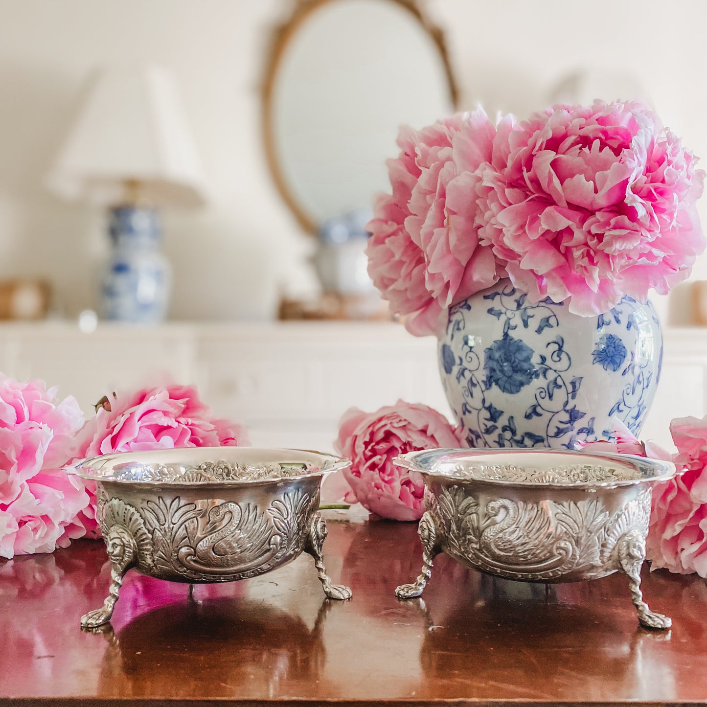 Pair of English Barker Ellis Repousee Bowls with Swan and Elaborate Lion Head Details