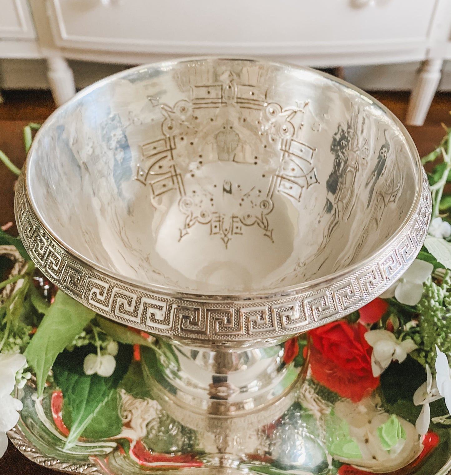 Antique Pedestal Greek Key Bowl