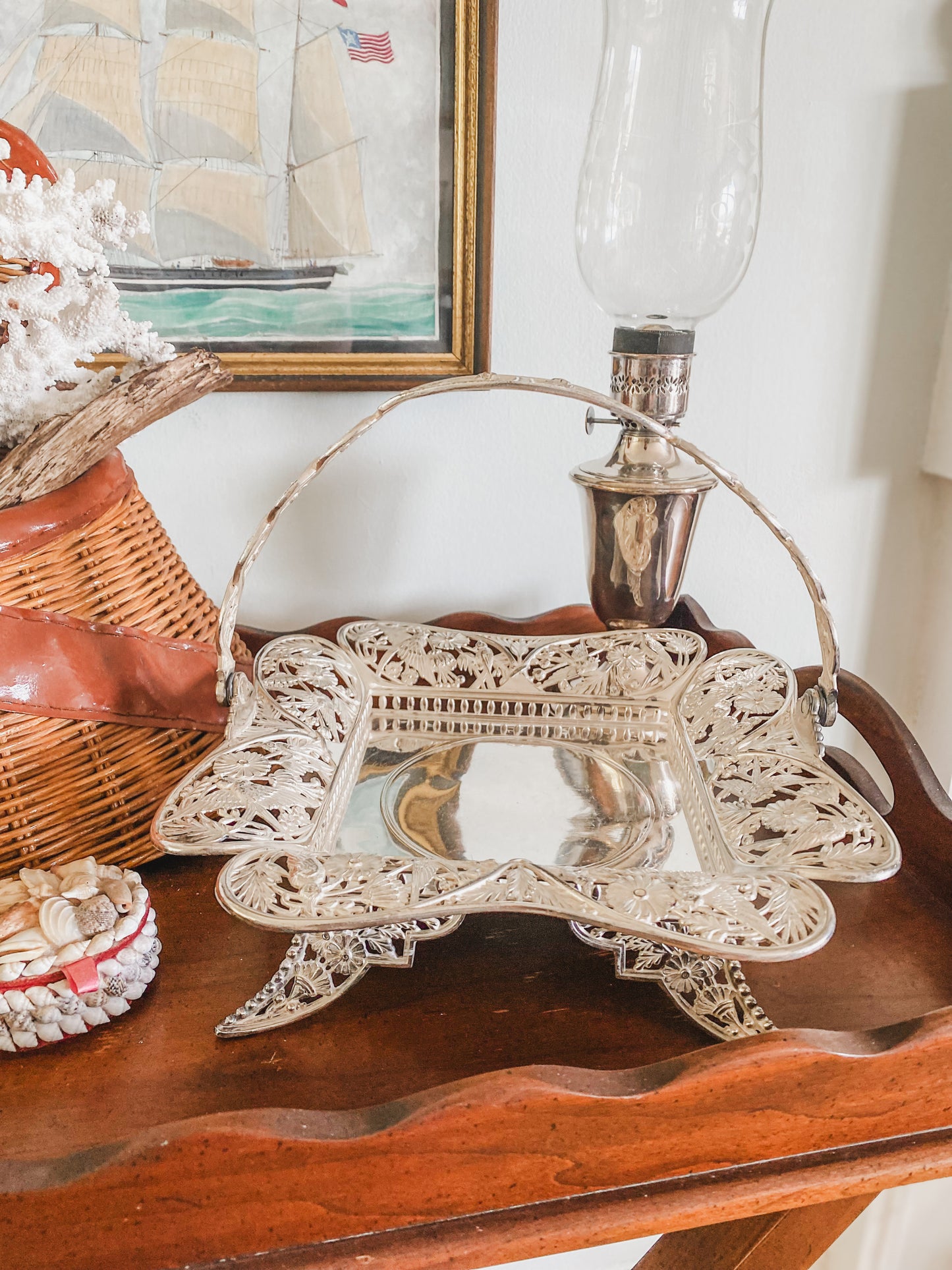 Excellent Antique Quadroupleplate Hummingbird Basket