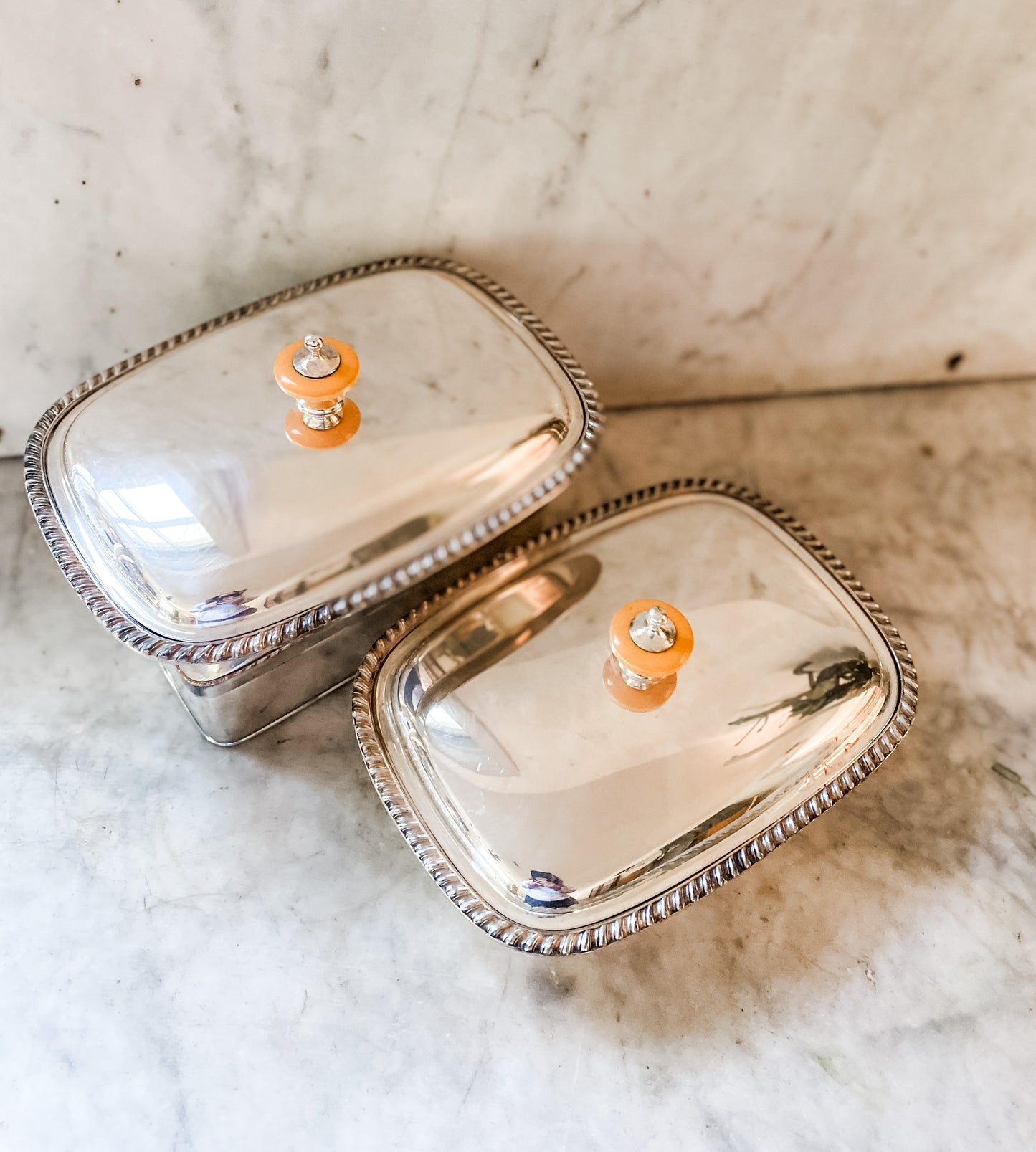 Lovely Pair of Antique Covered Dishes with Lovely Pediment Handles
