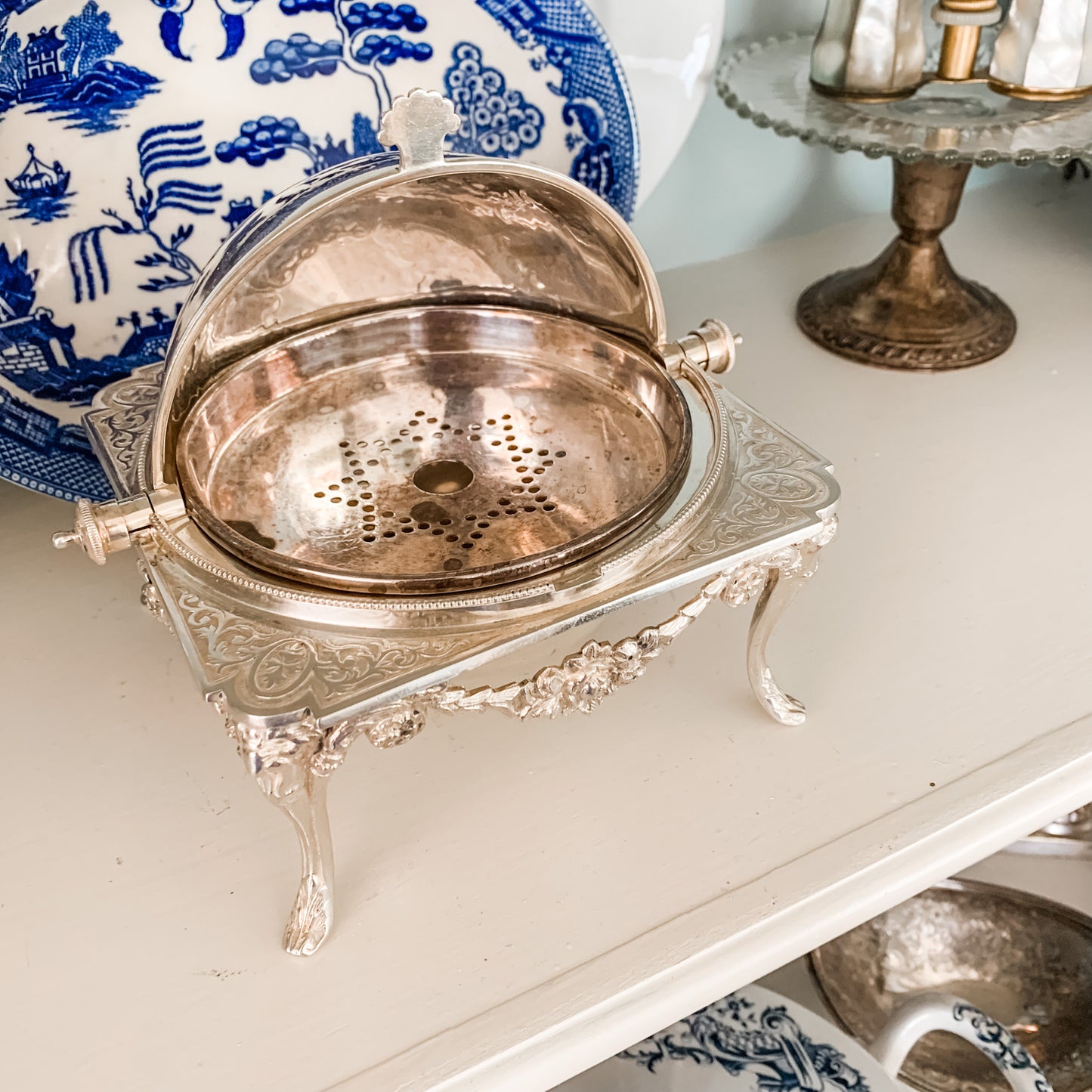 Antique Silver Plate Revolving Dome Server