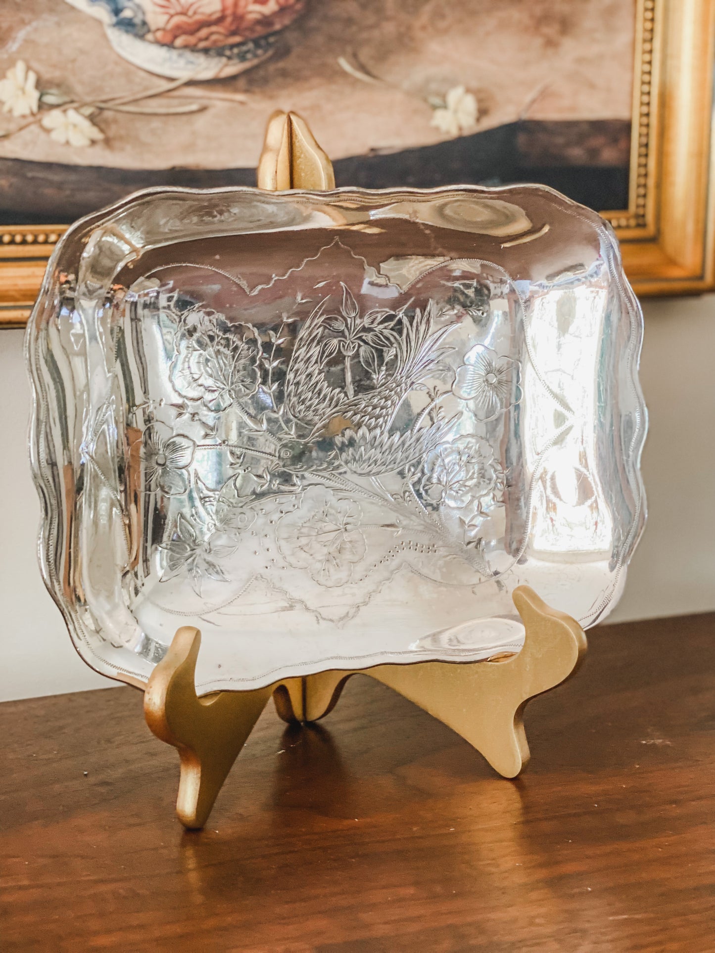 Stunning Antique Silver Tray with Bird Engraving