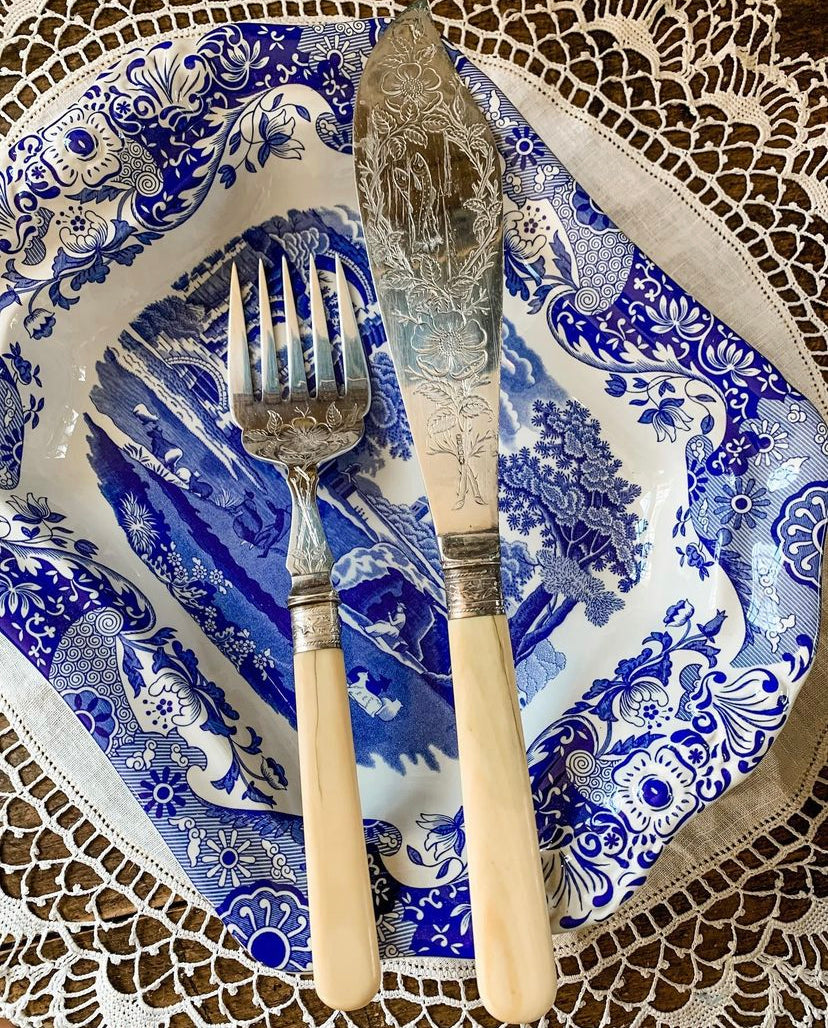 Outstanding! Antique Fish Serving Utensils with Sterling collars