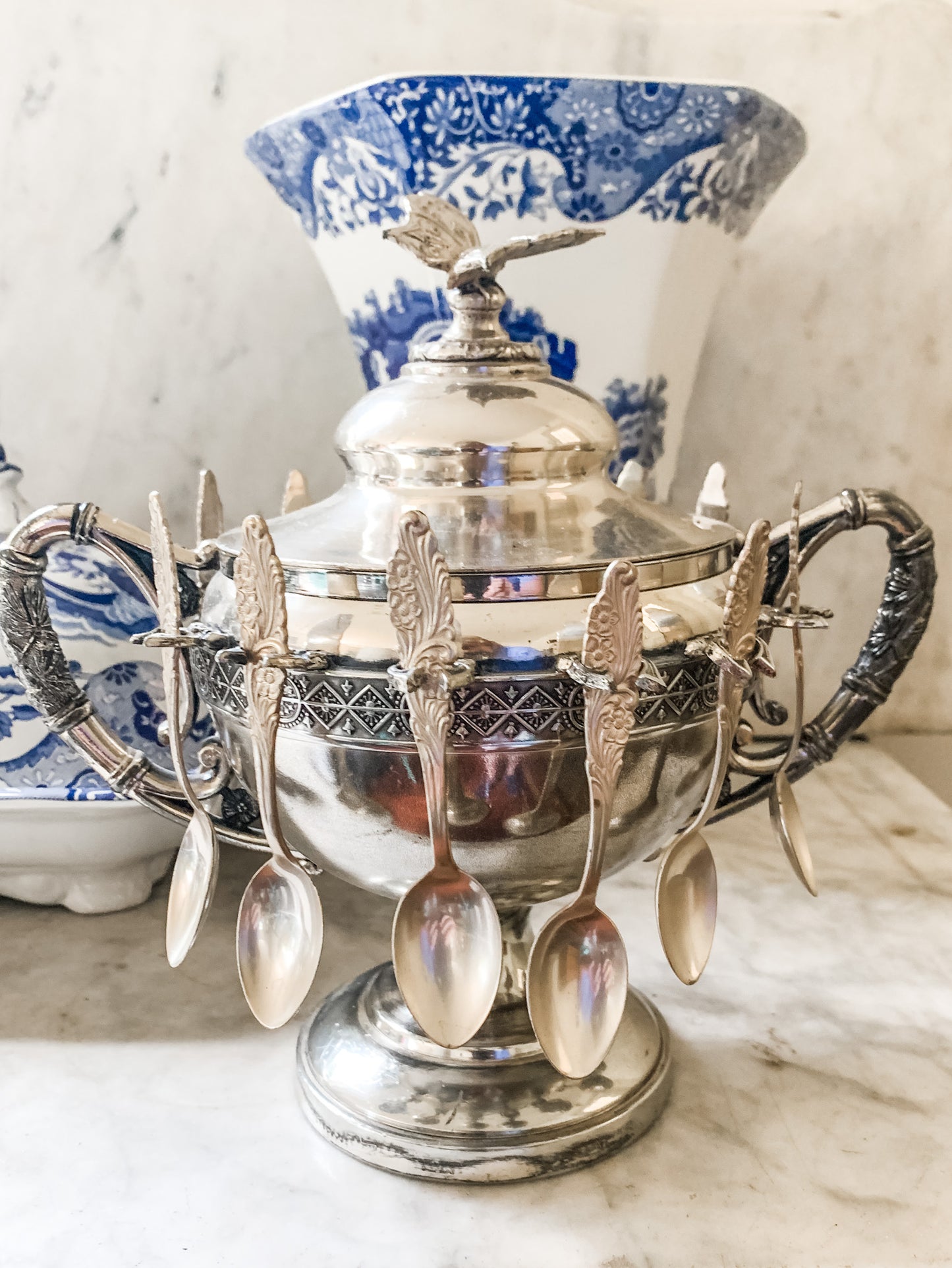 Awesome Antique Butterfly Sugar Bowl with Spoons