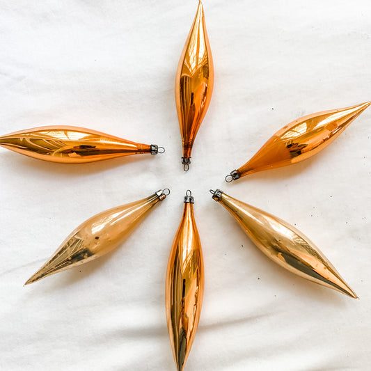 6 Gold Vintage Glass Christmas Tear Drops