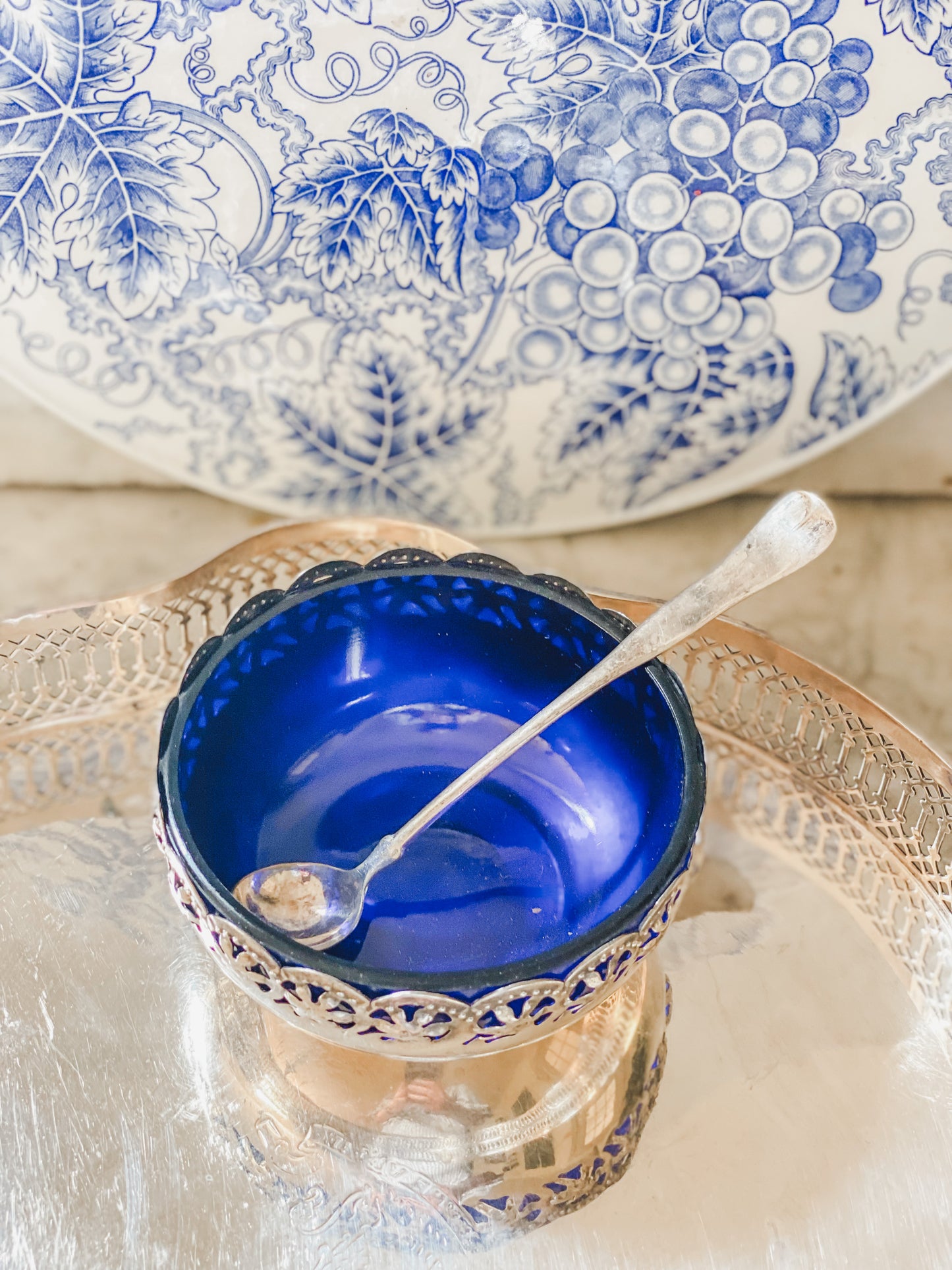 Striking Pierced Bowl with Blue Cobalt and Spoon