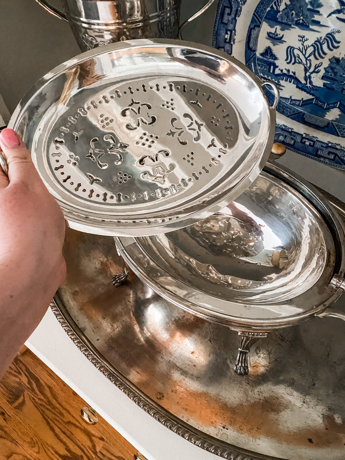 Antique Revolving Dome Silver Server (on the right )