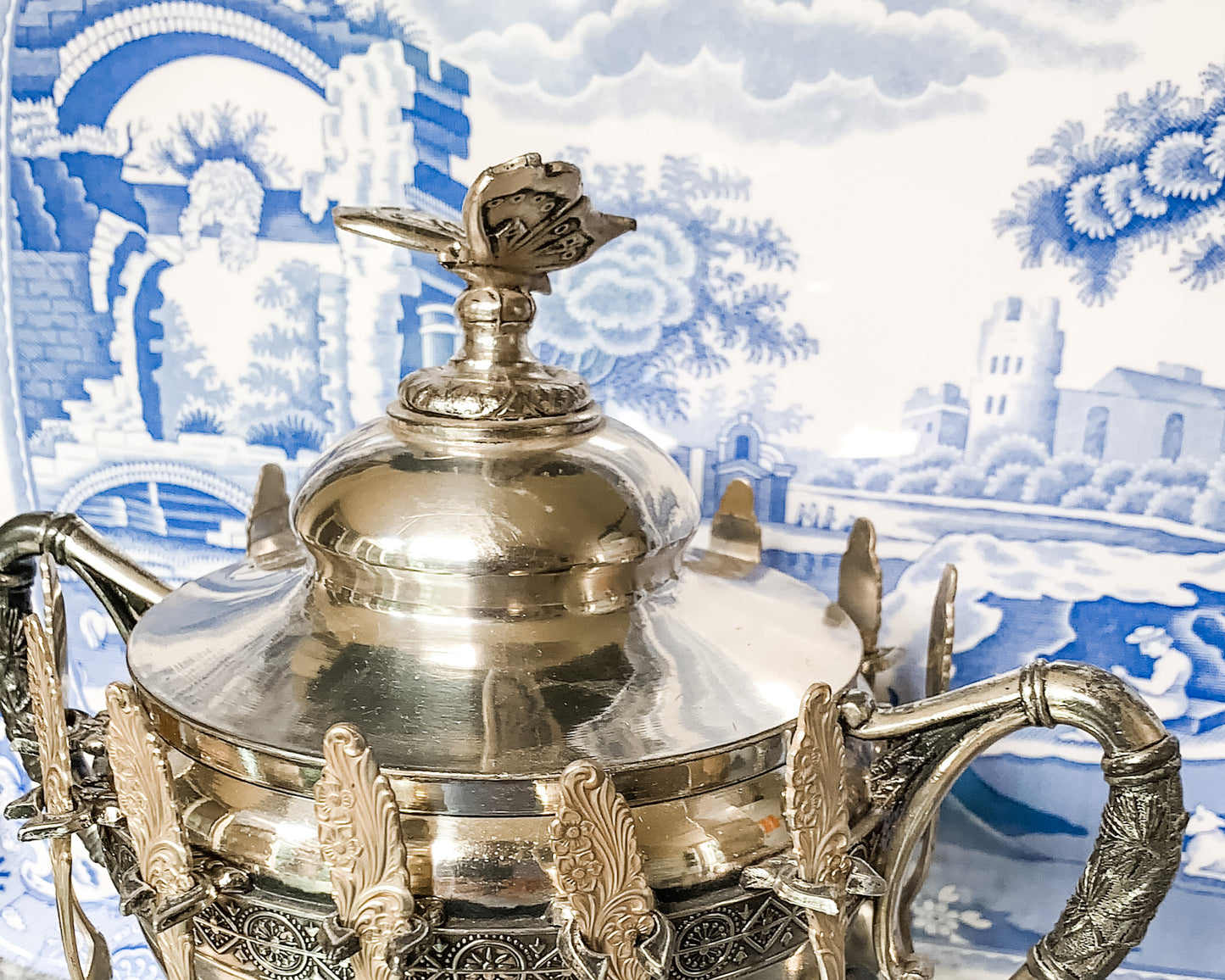 Awesome Antique Butterfly Sugar Bowl with Spoons