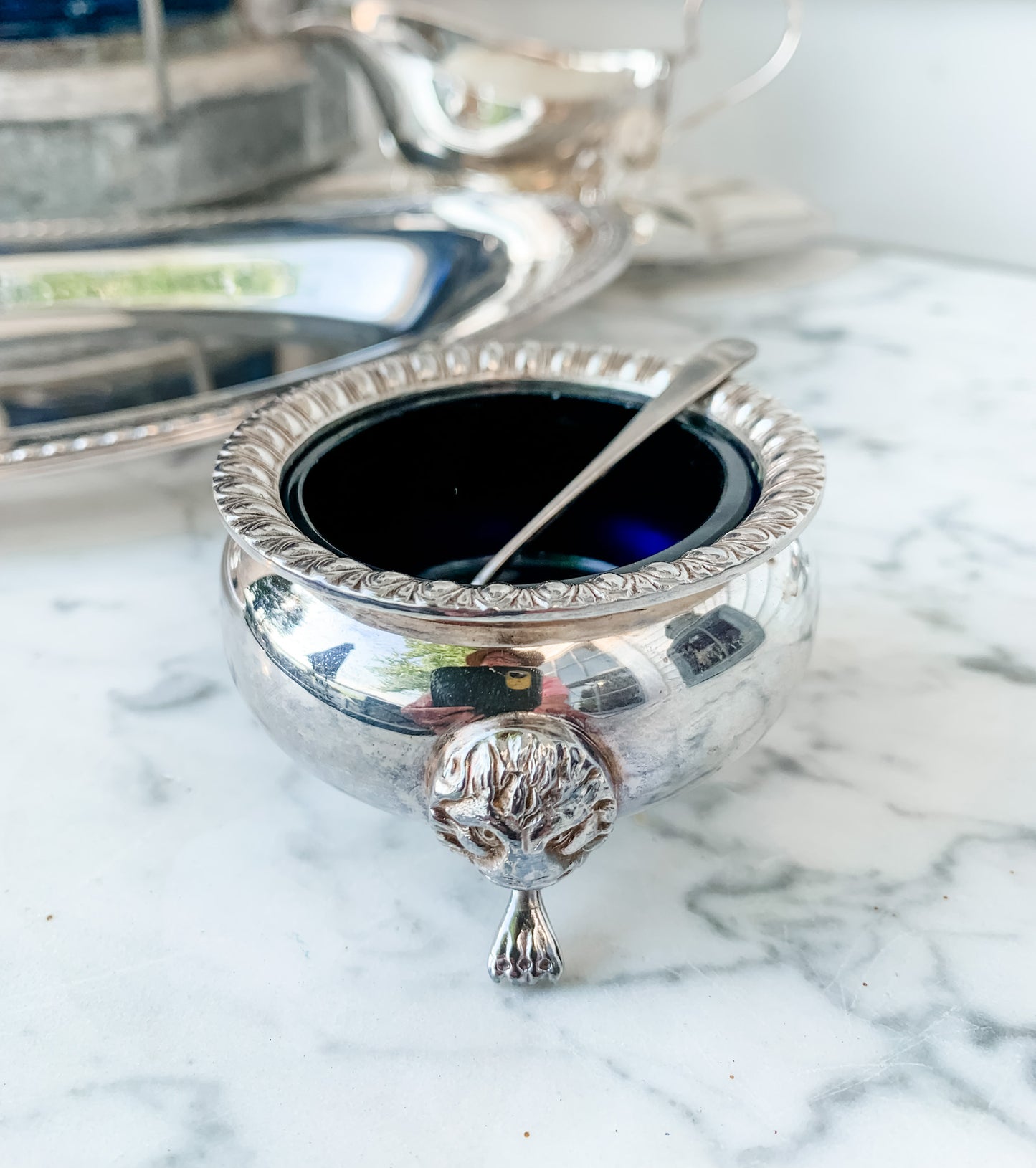 2 Antique English Salt Cellars with Spoons and Trays