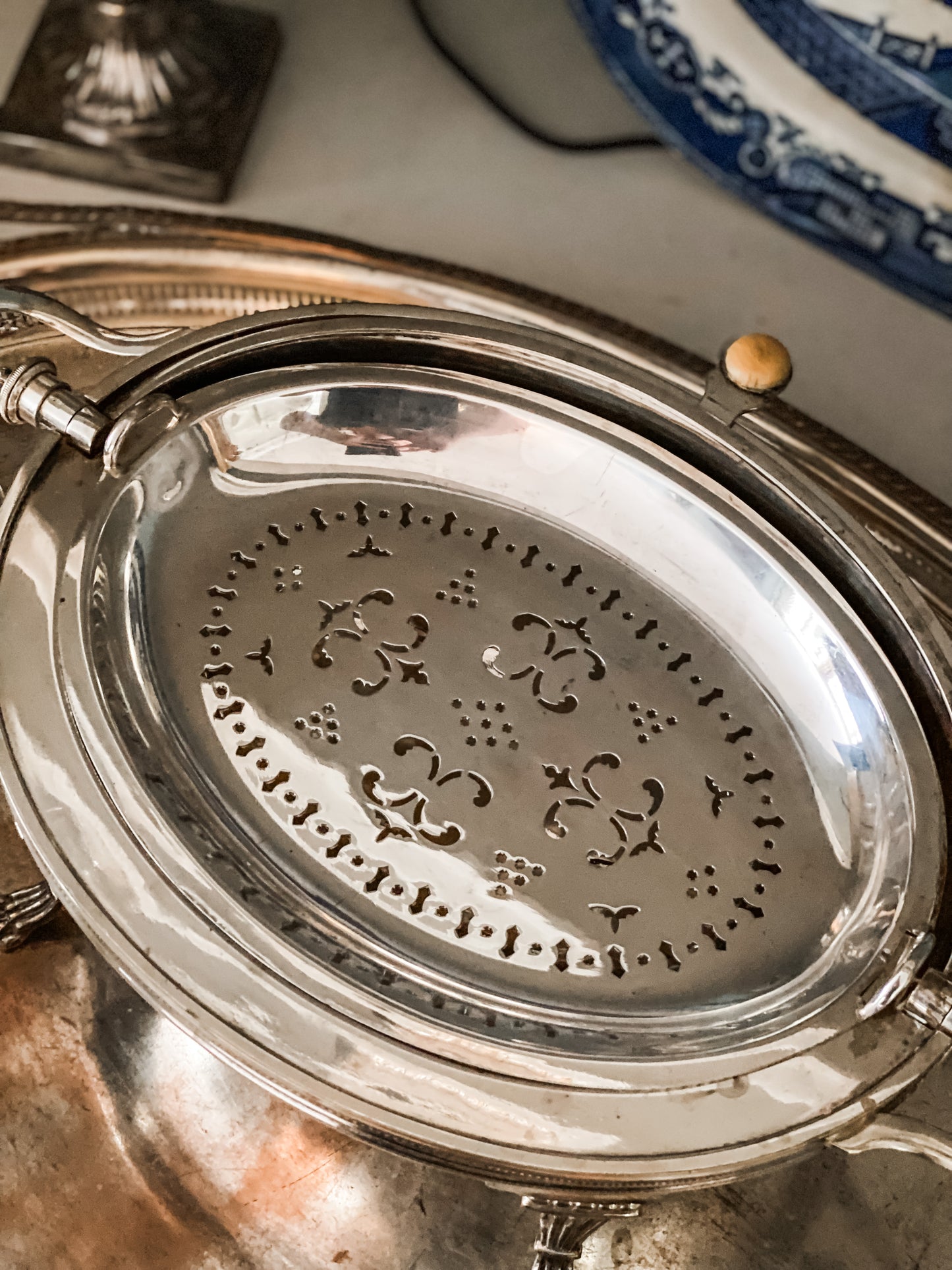 Antique Revolving Dome Silver Server (on the right )