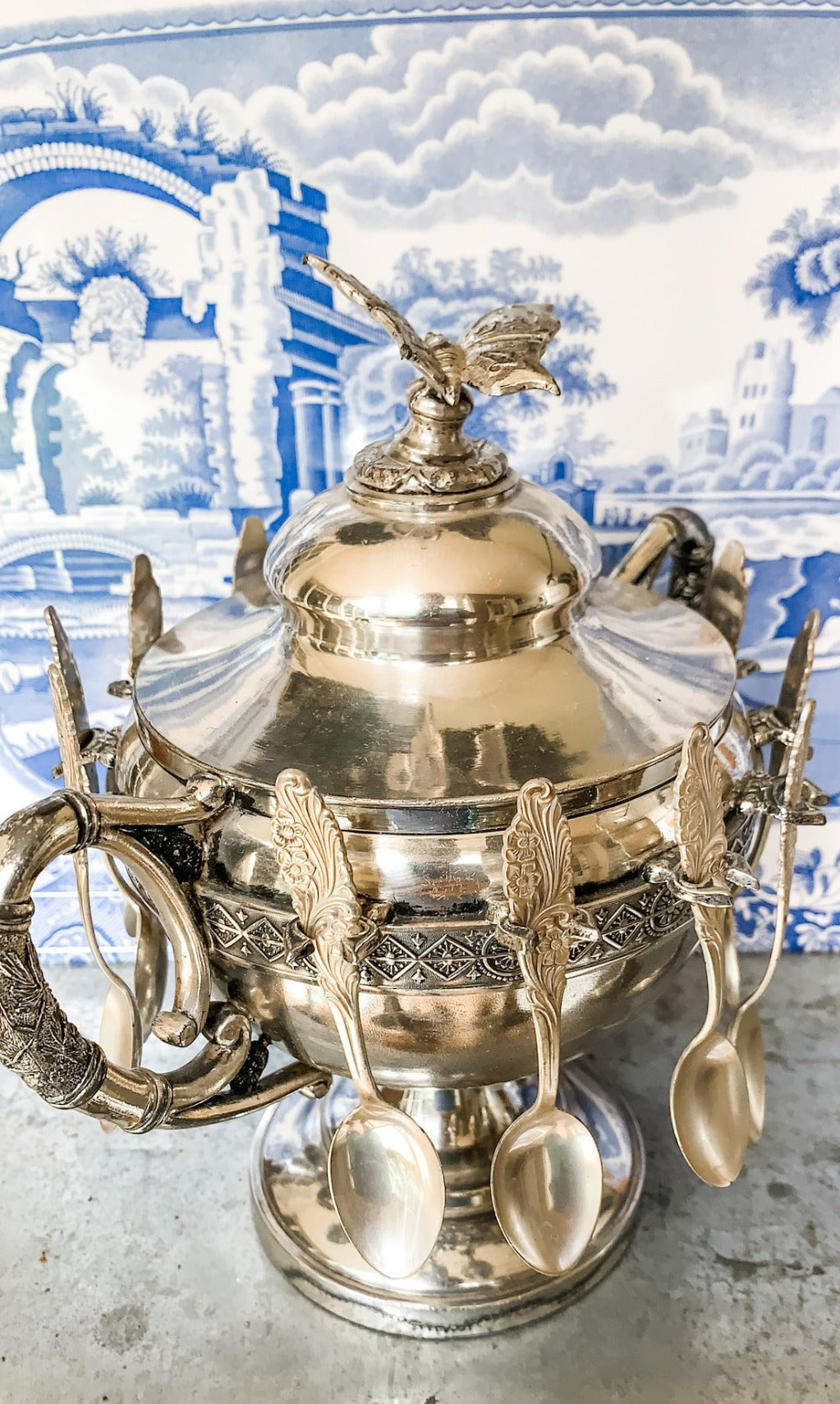 Awesome Antique Butterfly Sugar Bowl with Spoons