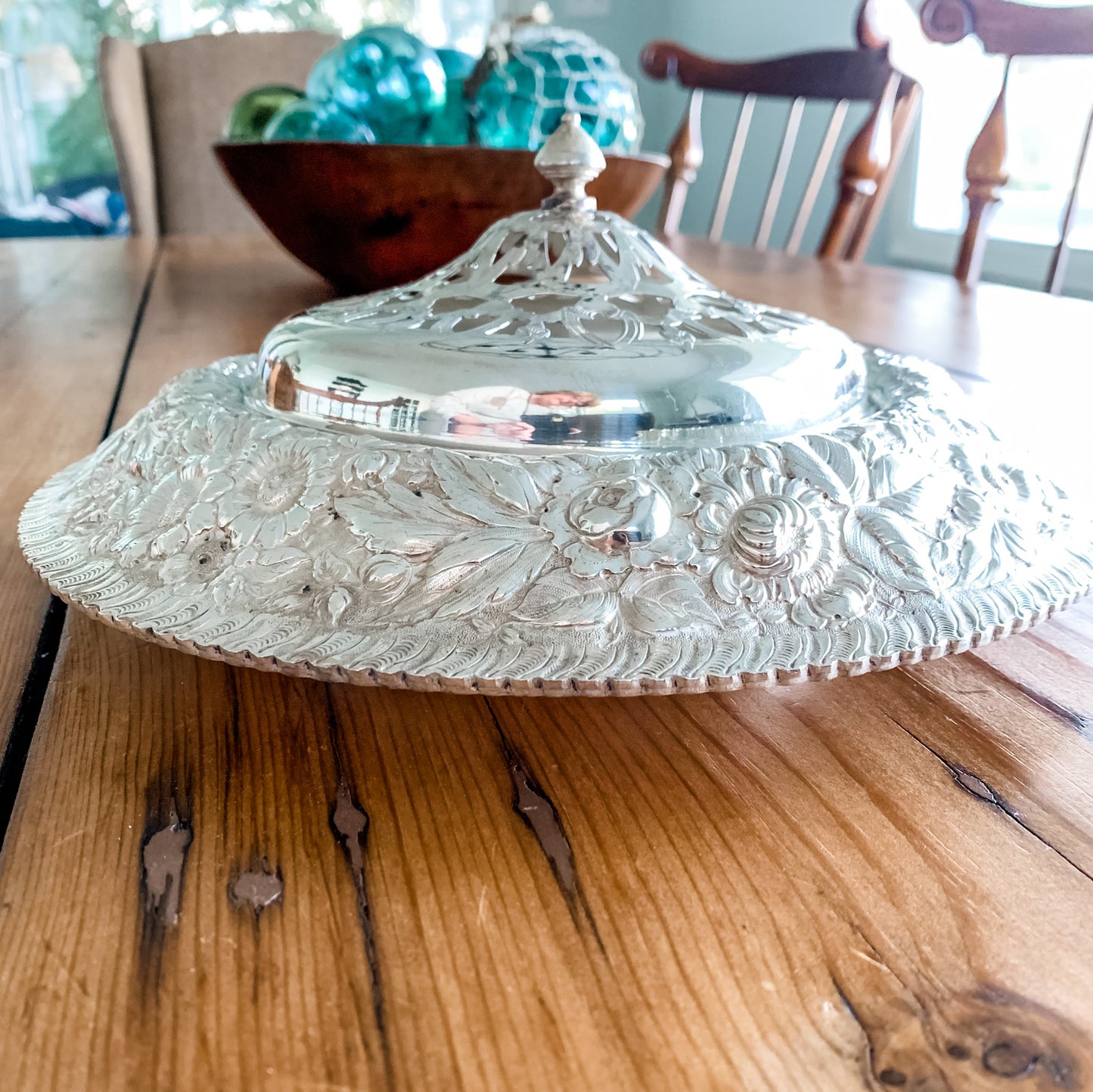 Outstanding Antique Silver Repousse Flower Frog