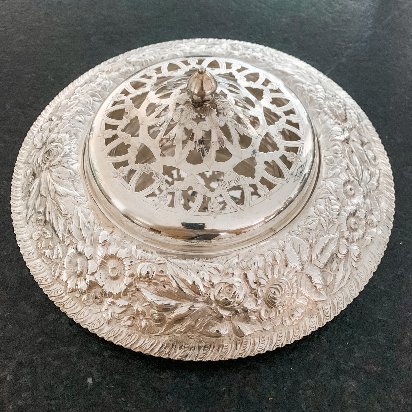 Outstanding Antique Silver Repousse Flower Frog