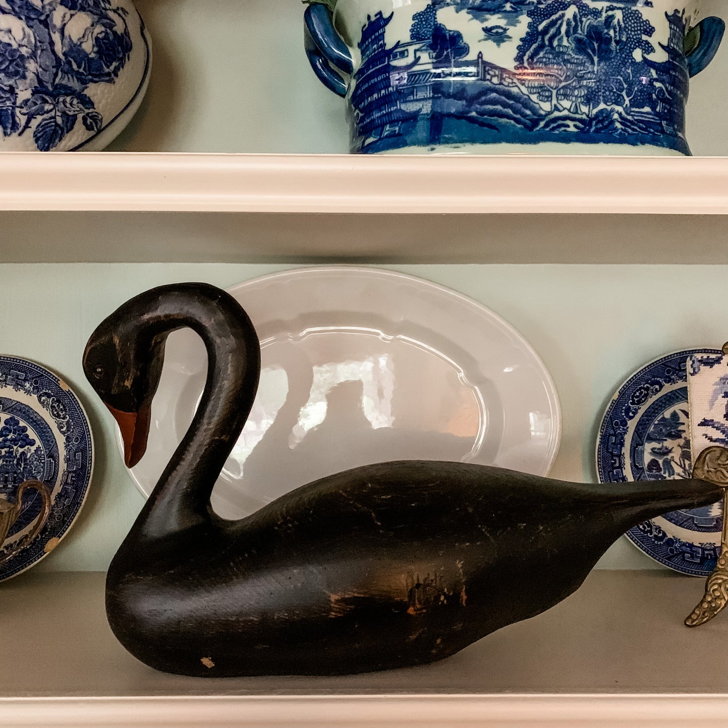 Outstanding Carved Wood Black Swan with Graceful neck