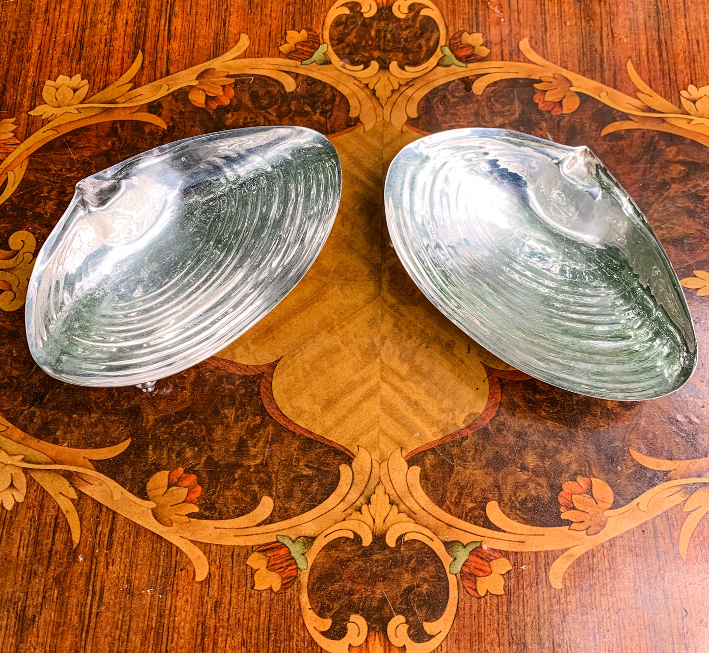 Two Wonderful Antique Silver Clam Shells