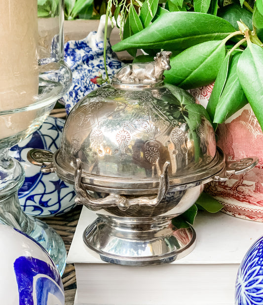 Outstanding Antique Silver Butter Dome with Cow Finial Handle
