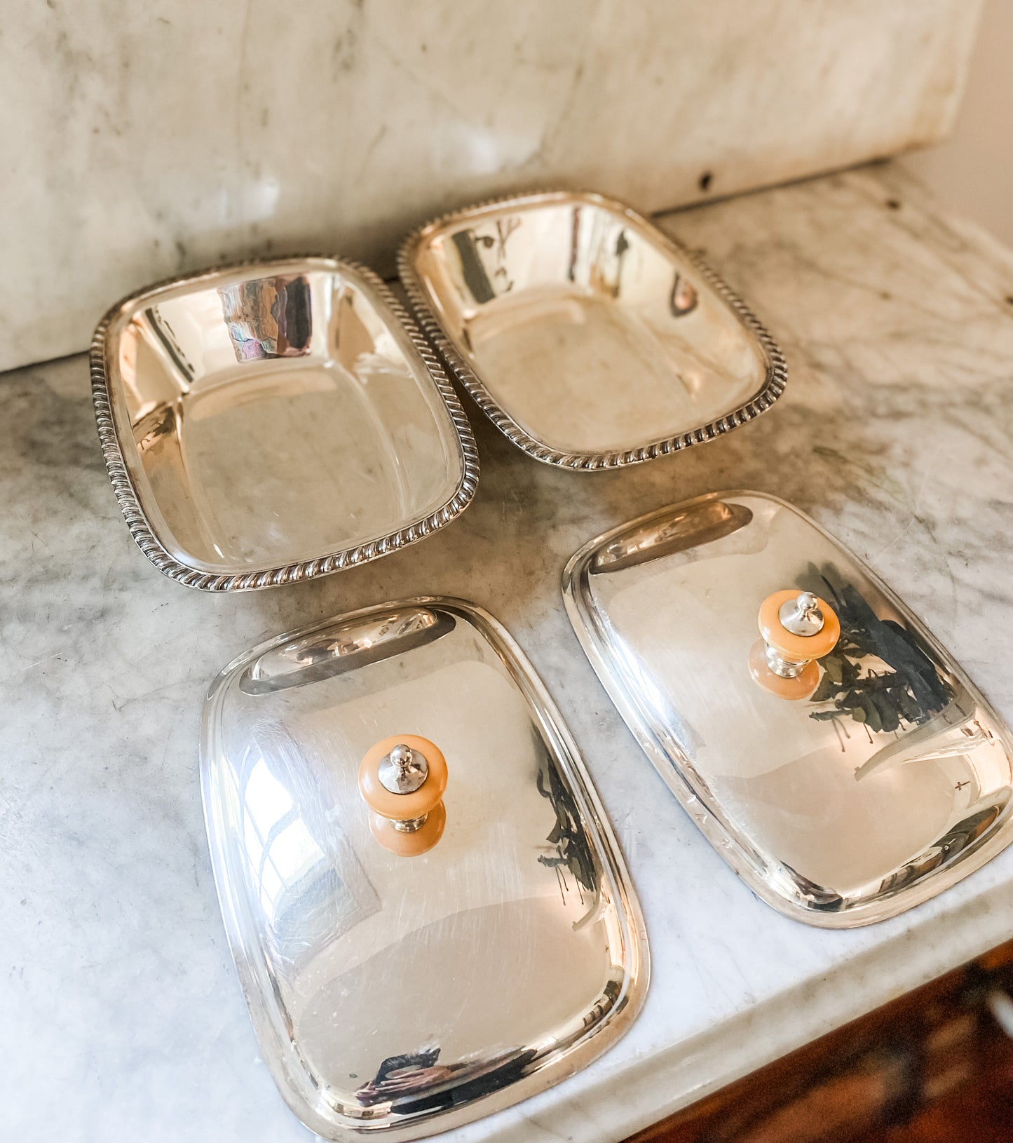 Lovely Pair of Antique Covered Dishes with Lovely Pediment Handles