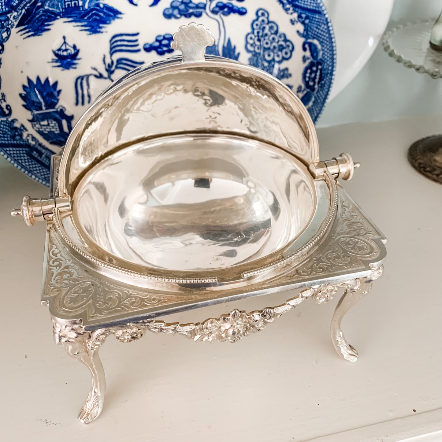 Antique Silver Plate Revolving Dome Server