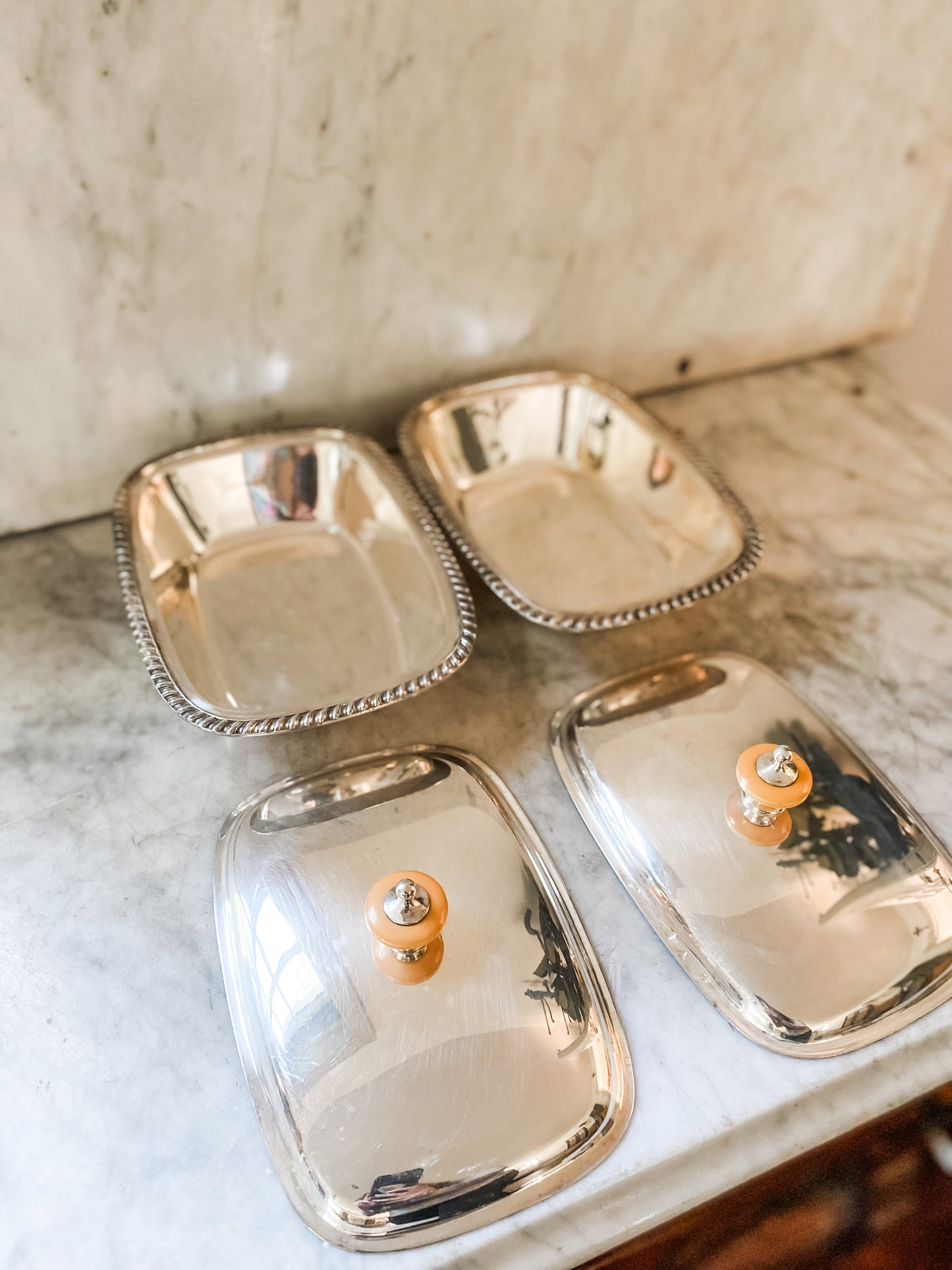 Lovely Pair of Antique Covered Dishes with Lovely Pediment Handles