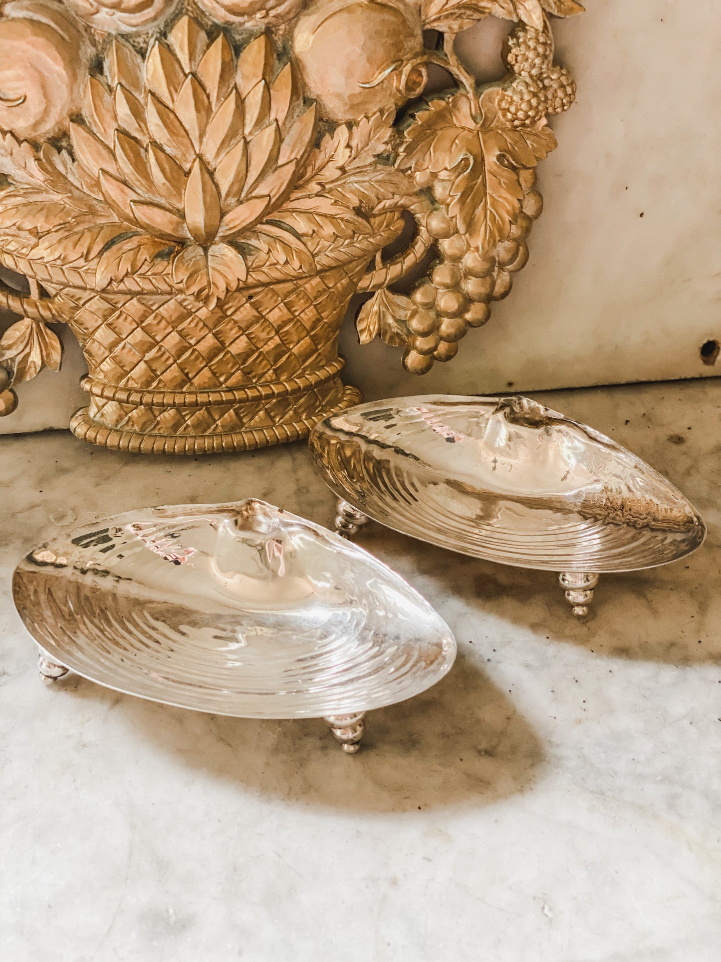 Two Wonderful Antique Silver Clam Shells