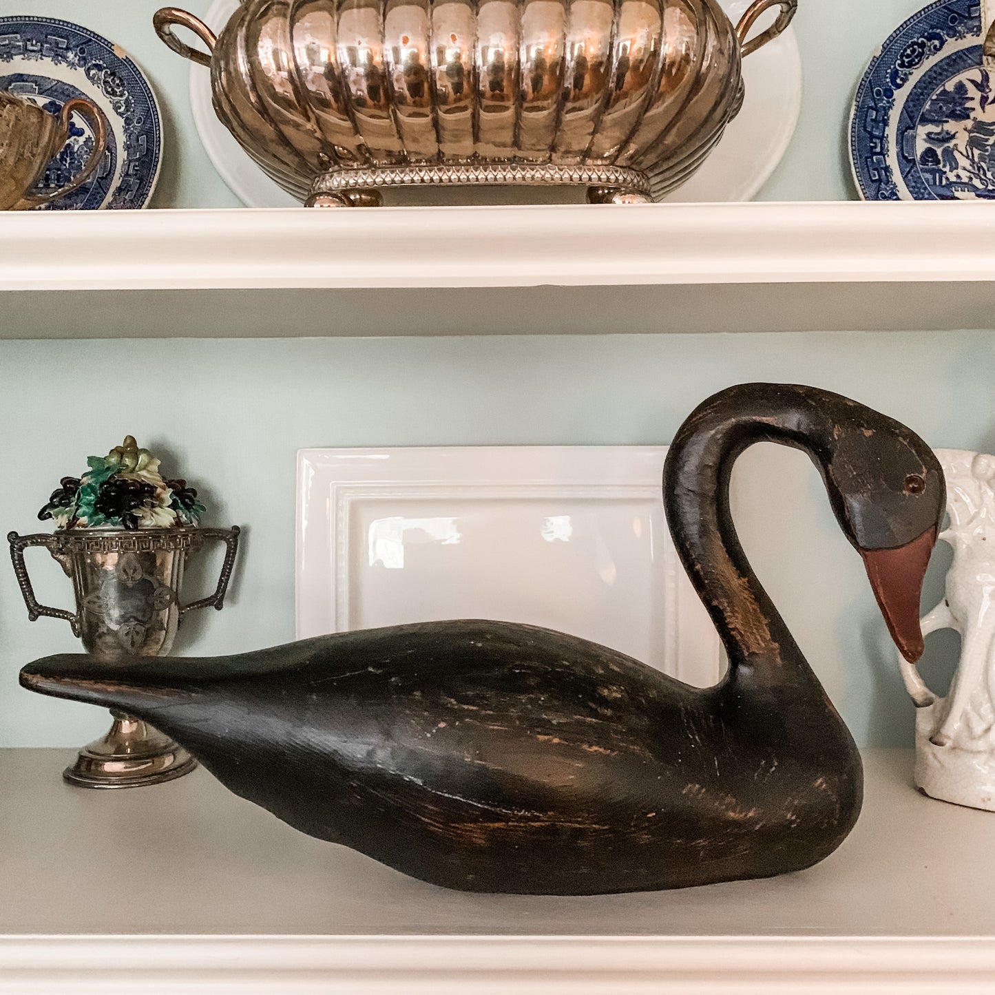 Outstanding Carved Wood Black Swan with Graceful neck