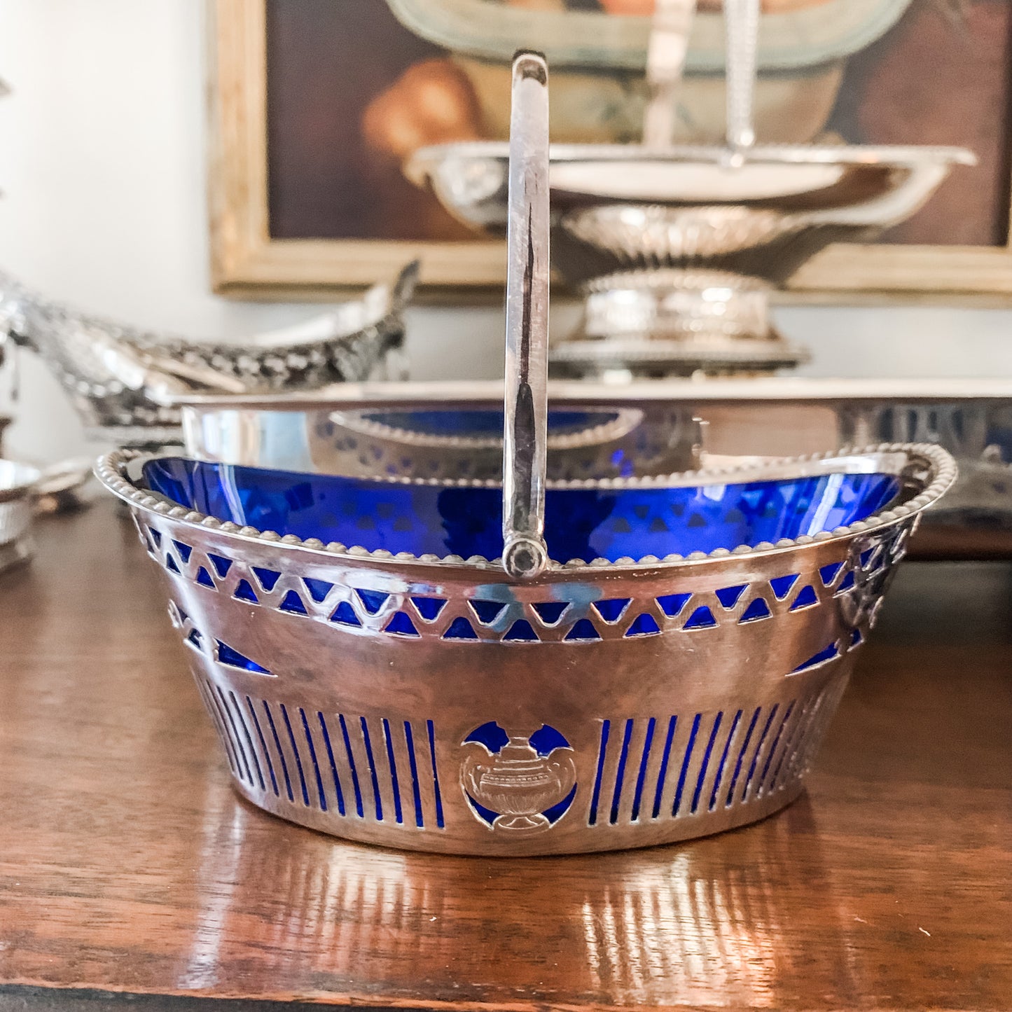 Antique Cobalt Blue Glass and Silver Basket