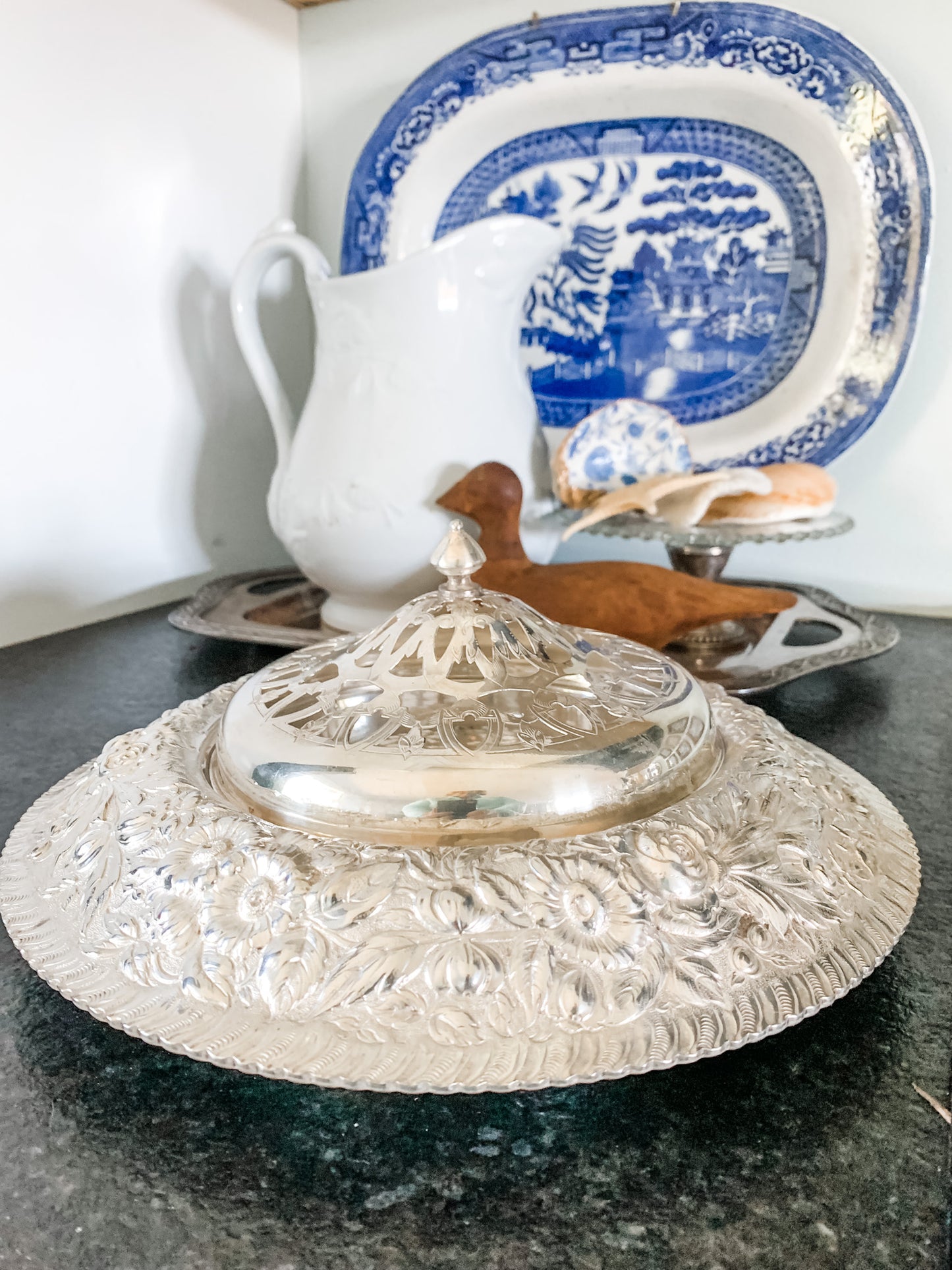 Outstanding Antique Silver Repousse Flower Frog