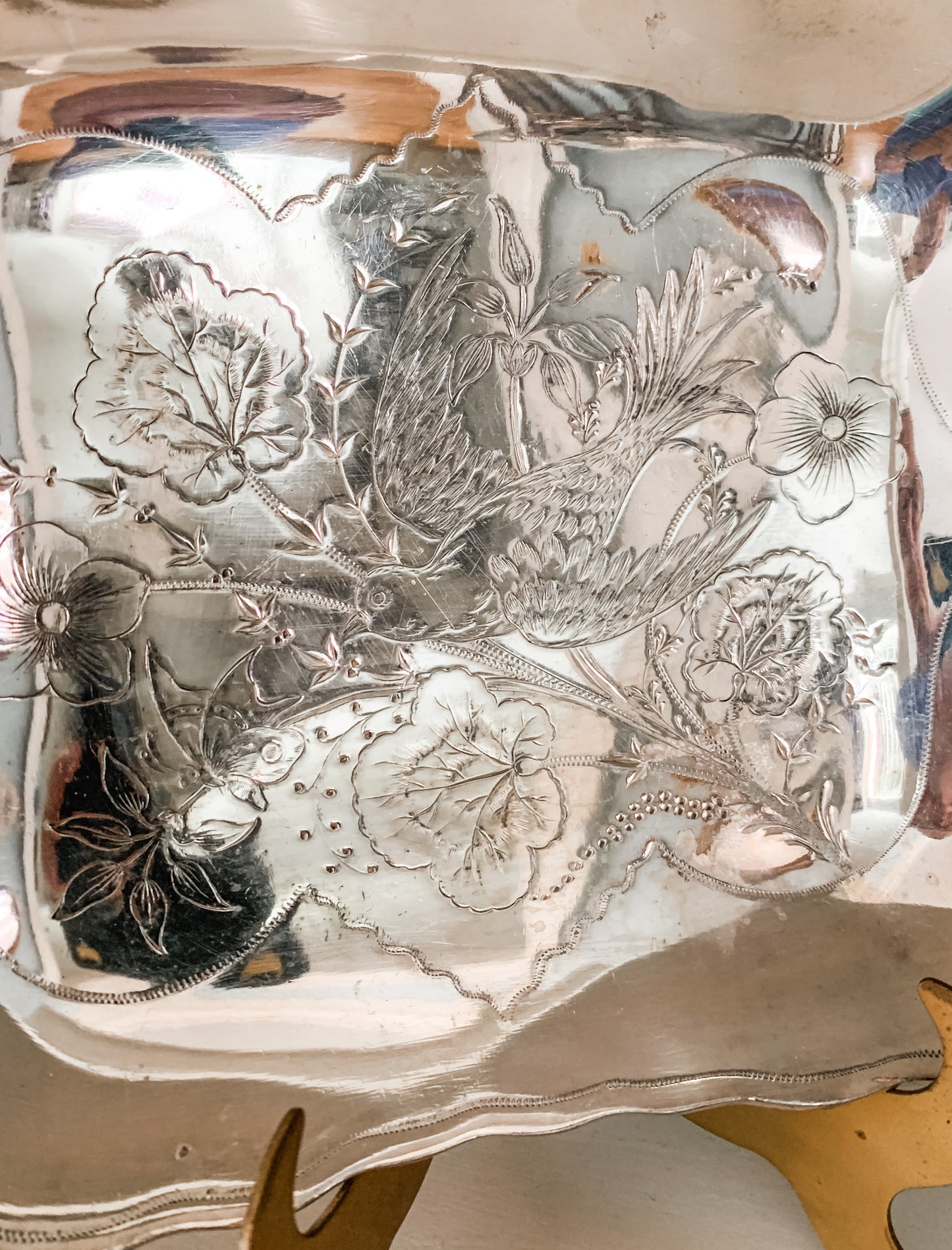 Stunning Antique Silver Tray with Bird Engraving