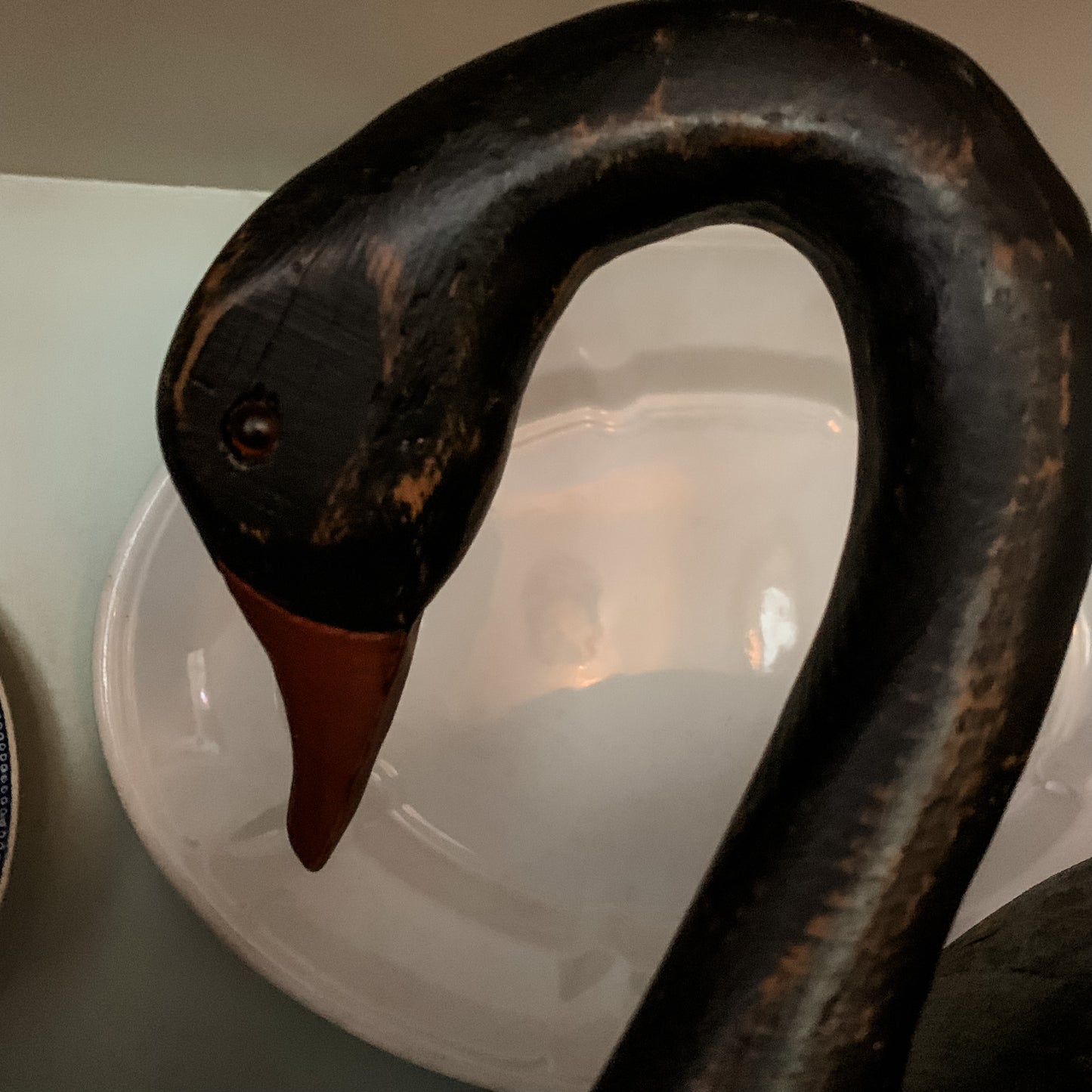 Outstanding Carved Wood Black Swan with Graceful neck