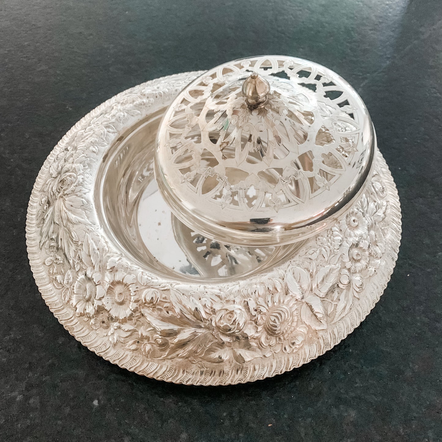 Outstanding Antique Silver Repousse Flower Frog