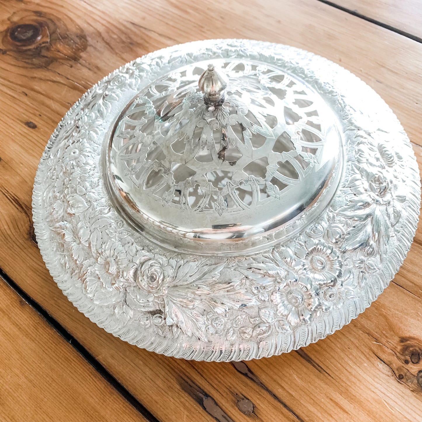 Outstanding Antique Silver Repousse Flower Frog