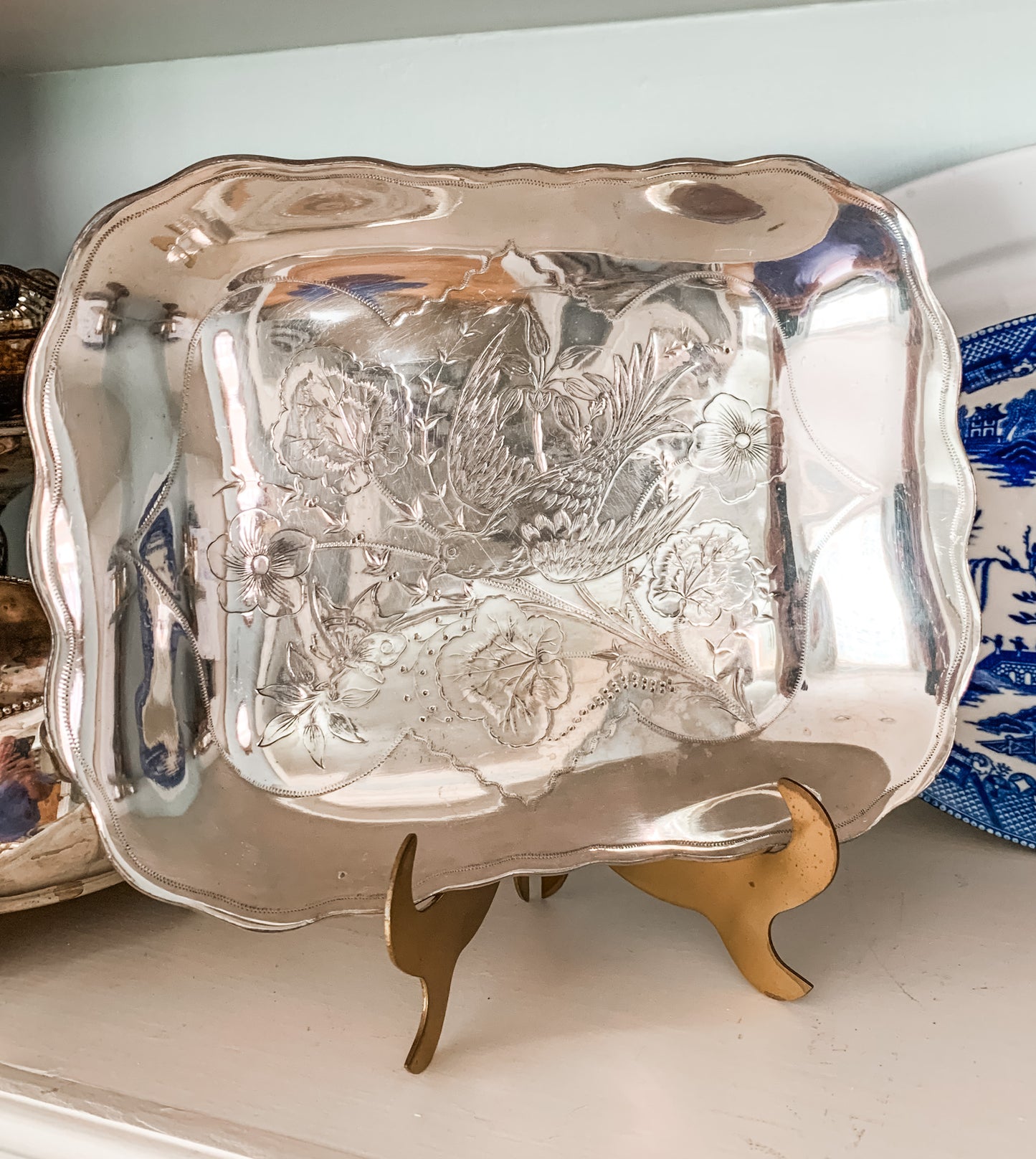 Stunning Antique Silver Tray with Bird Engraving