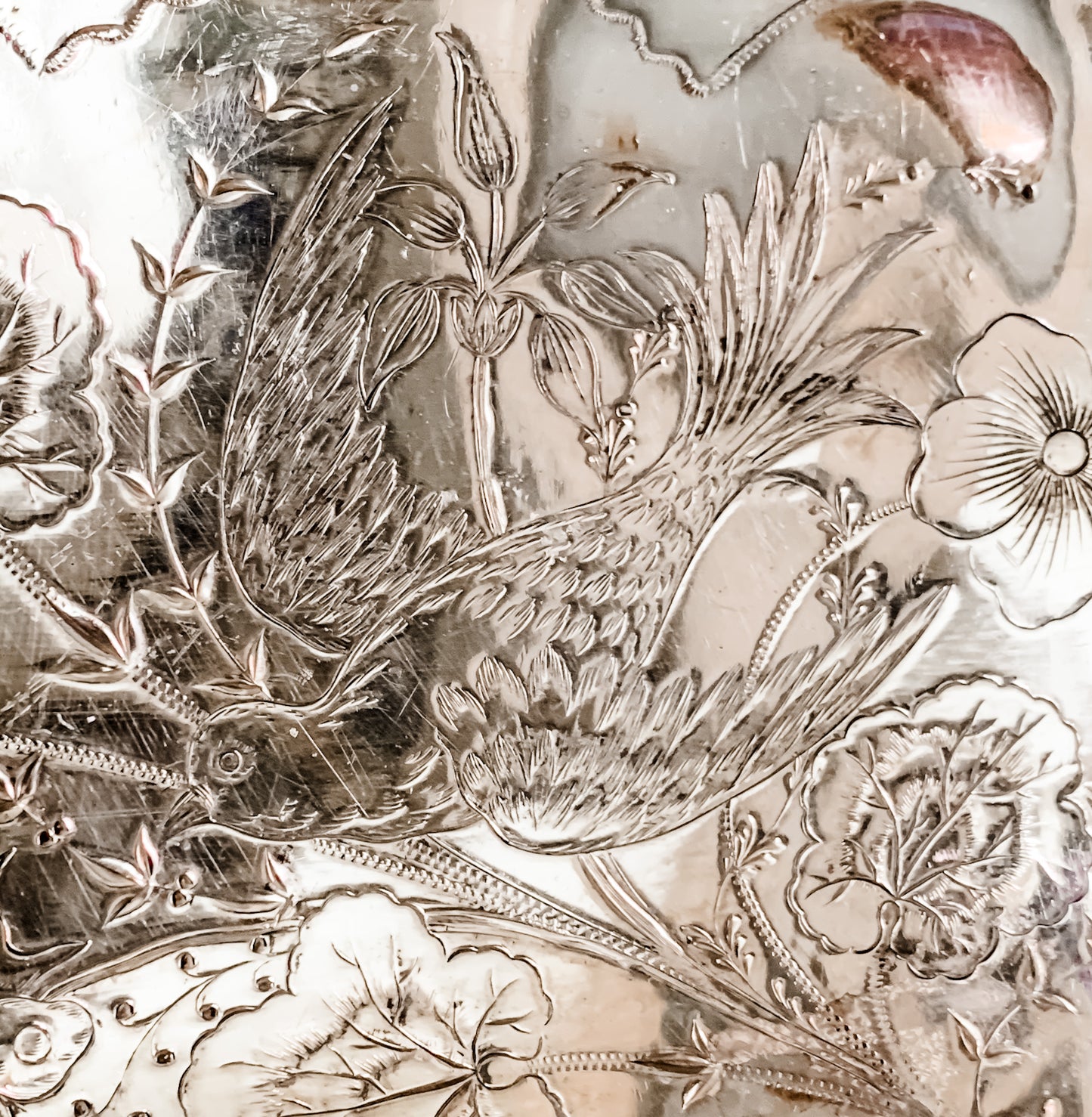 Stunning Antique Silver Tray with Bird Engraving