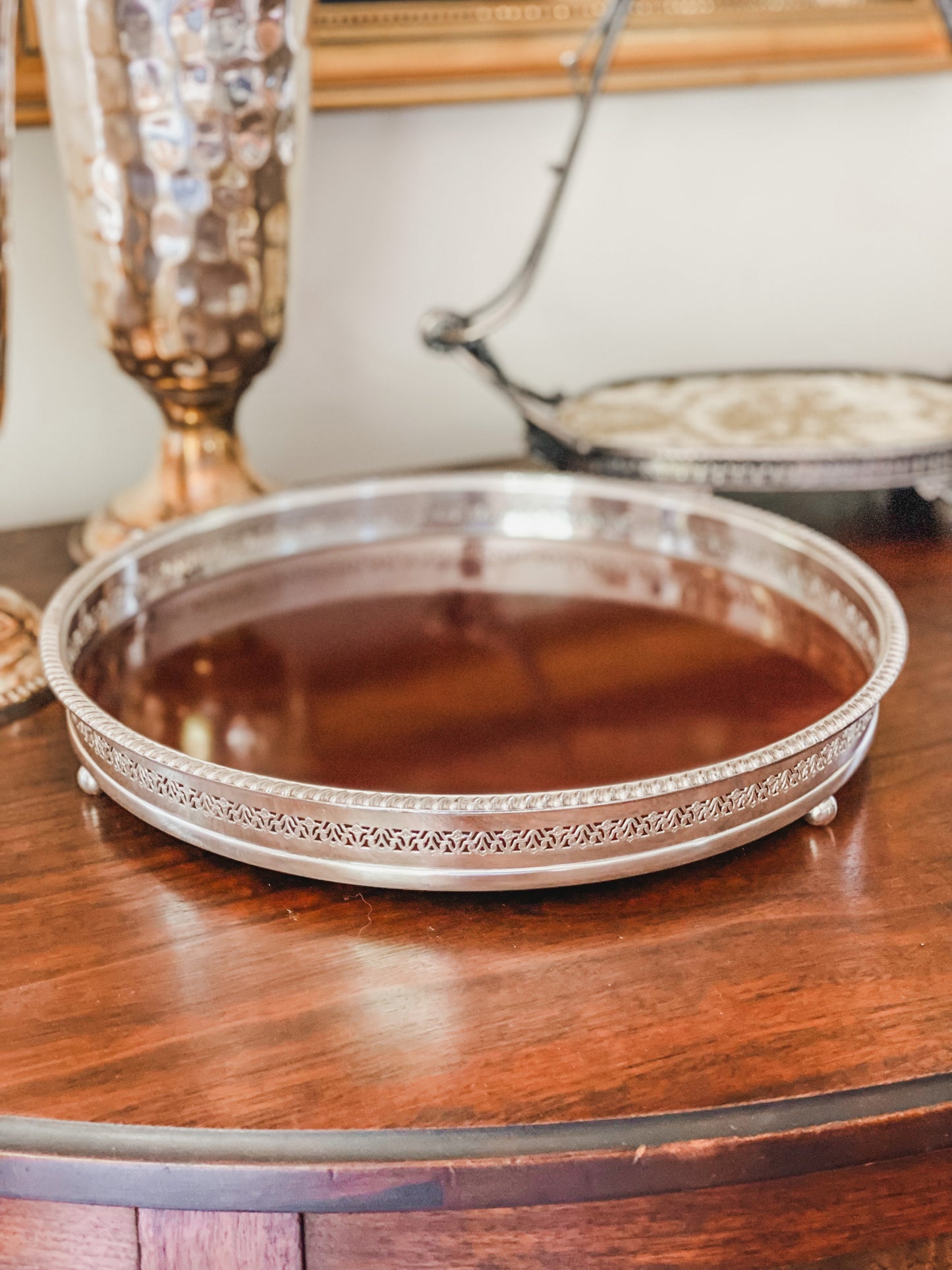 Round Antique Reticulated Silver Tray