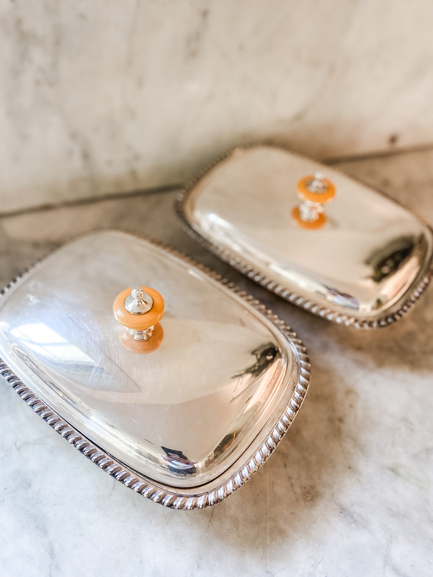 Lovely Pair of Antique Covered Dishes with Lovely Pediment Handles
