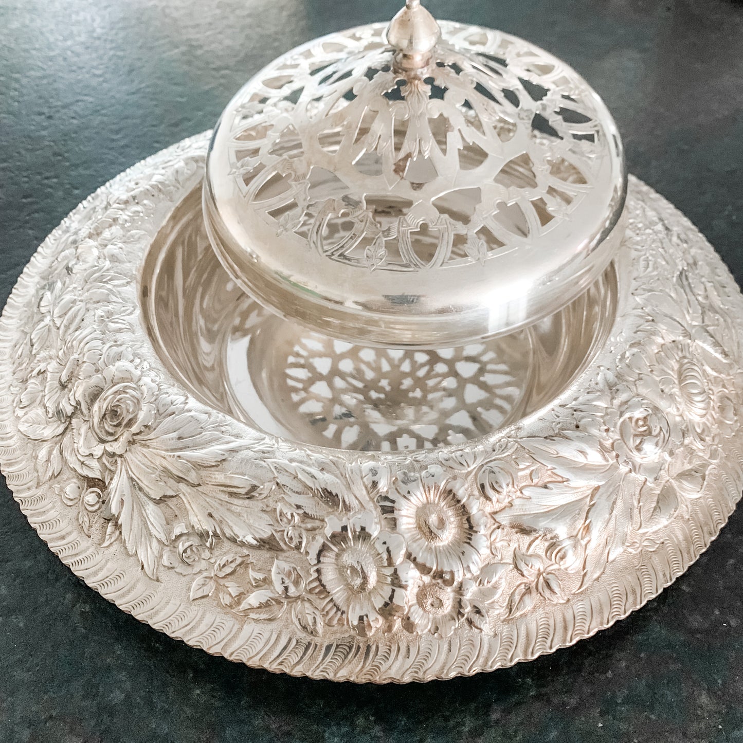 Outstanding Antique Silver Repousse Flower Frog