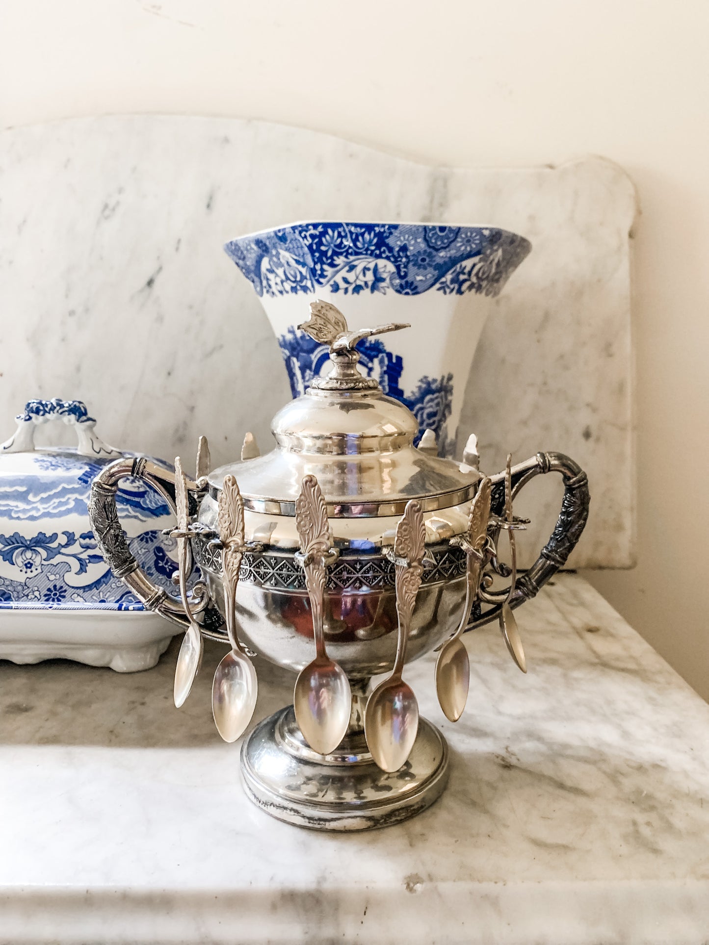 Awesome Antique Butterfly Sugar Bowl with Spoons