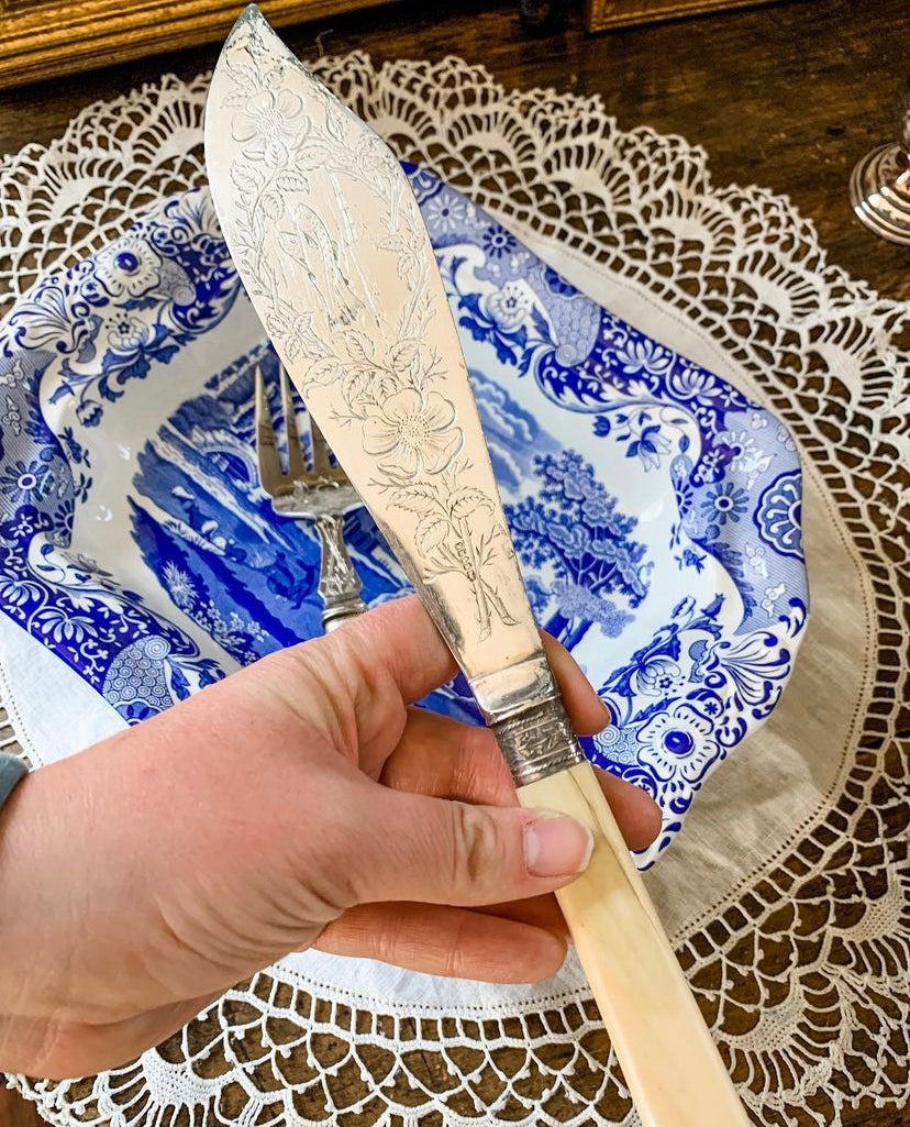 Outstanding! Antique Fish Serving Utensils with Sterling collars