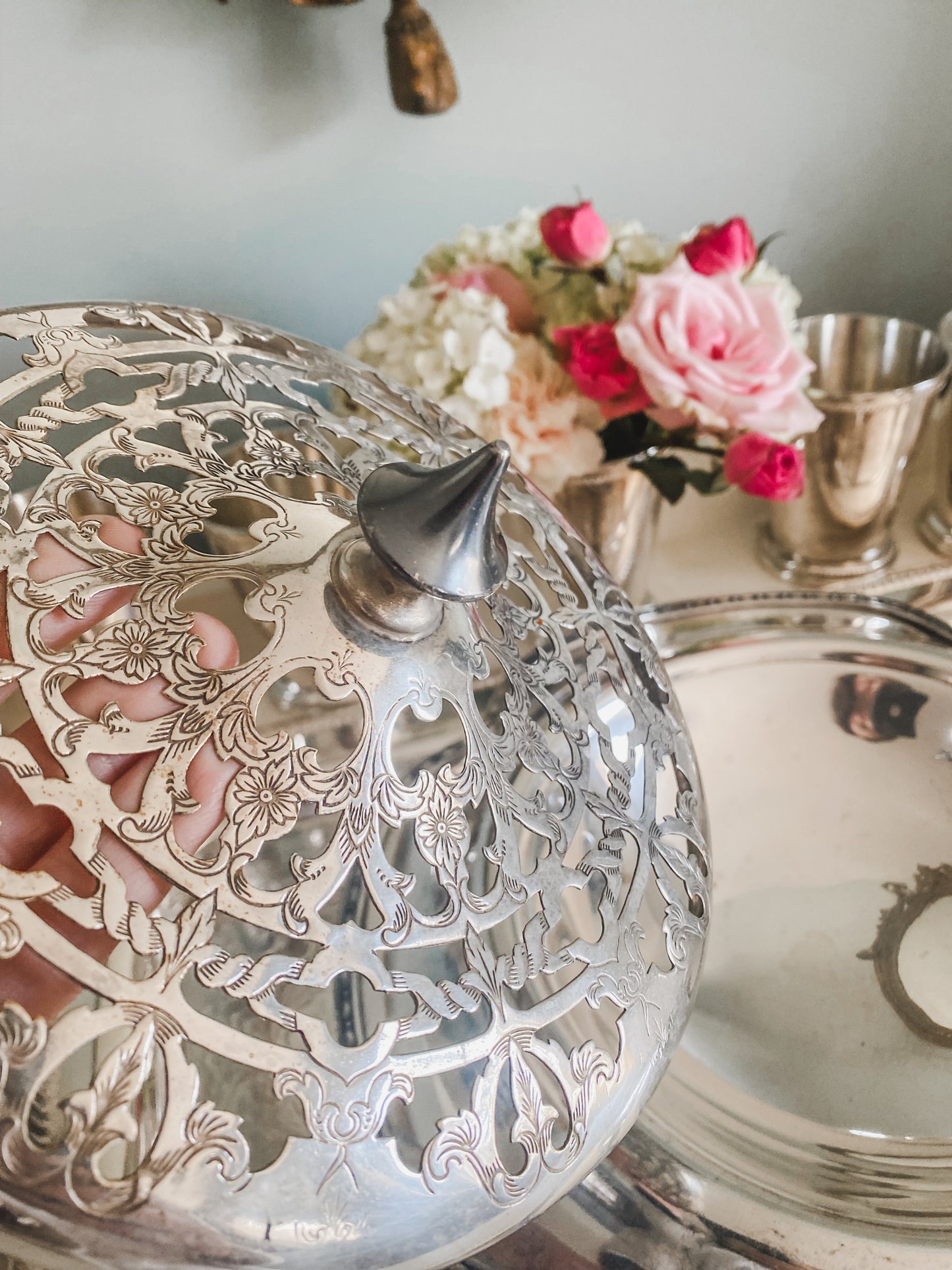 Antique Silver Pedestal Flower Frog