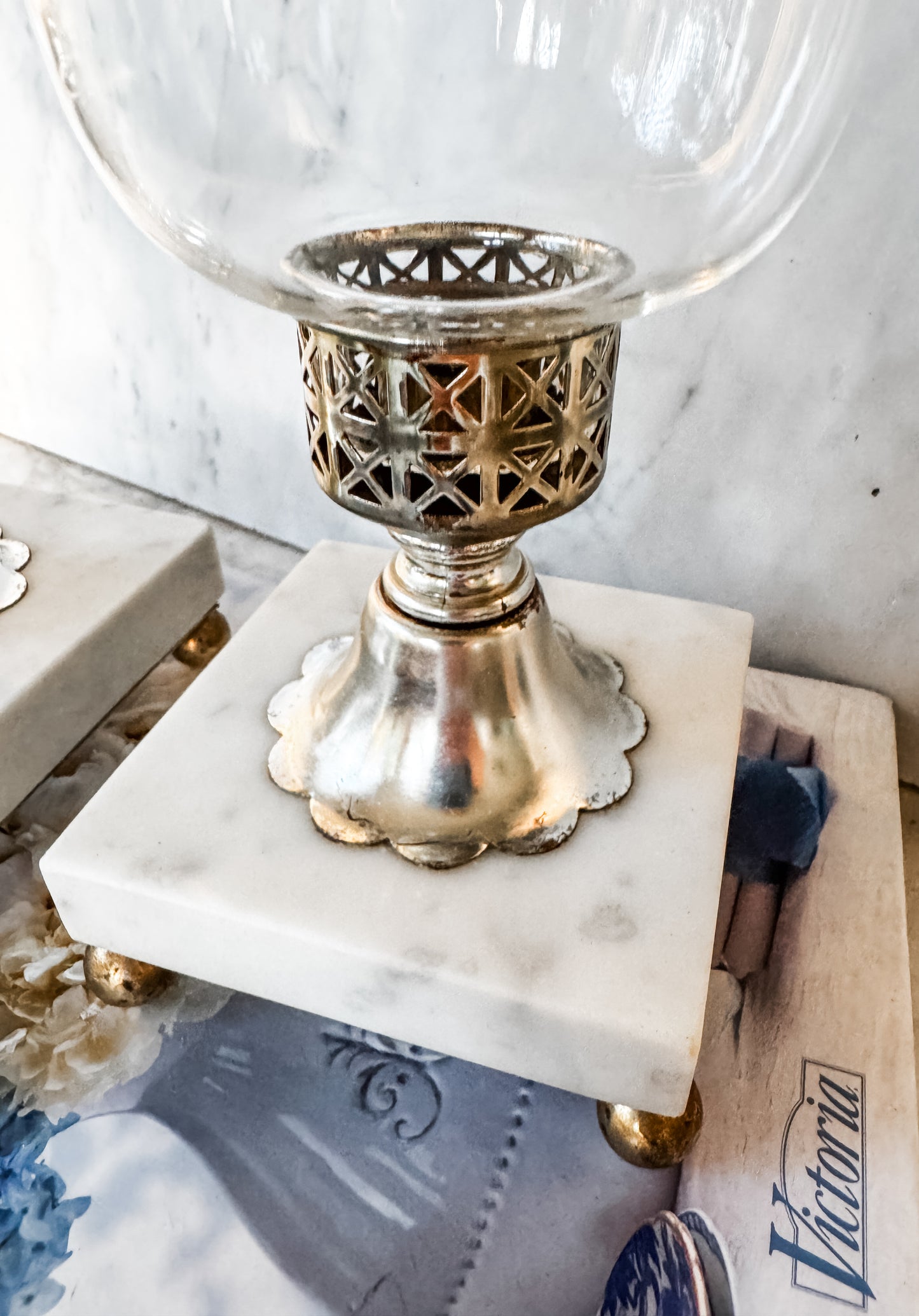 Pair of Marble Hurricane Candle Holders with Glass Shades