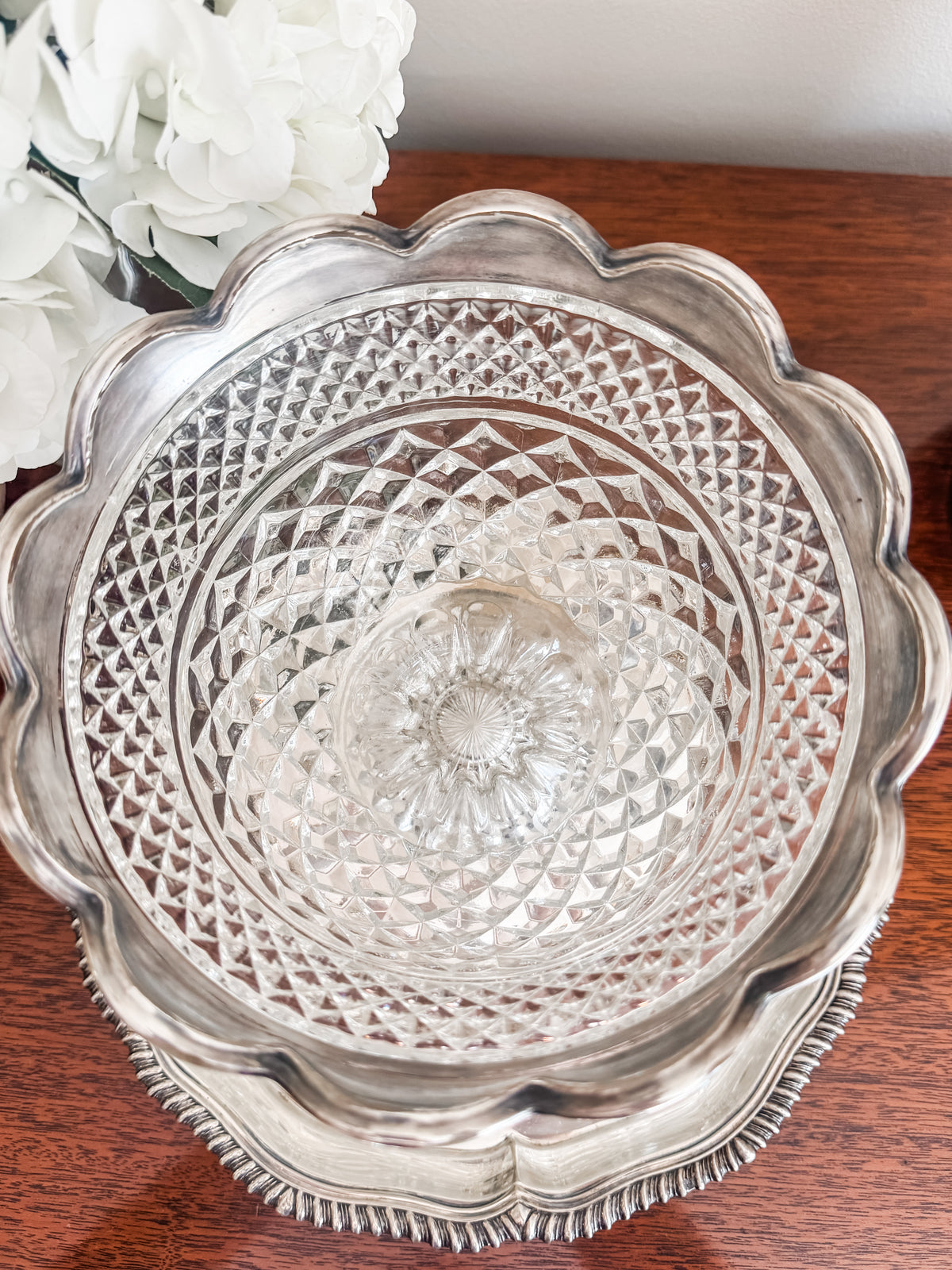 Cut Glass Pedestal Vase with Scalloped Silver Rim