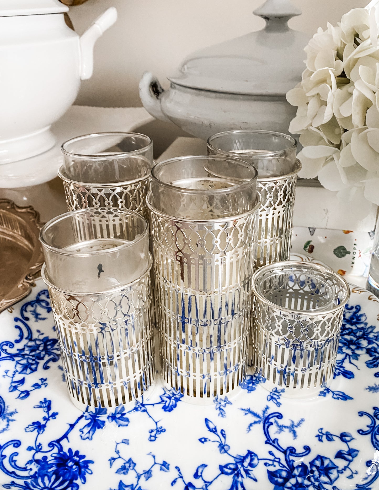 Set of 5 Vintage Reticulated Candleholders with Glass Inserts