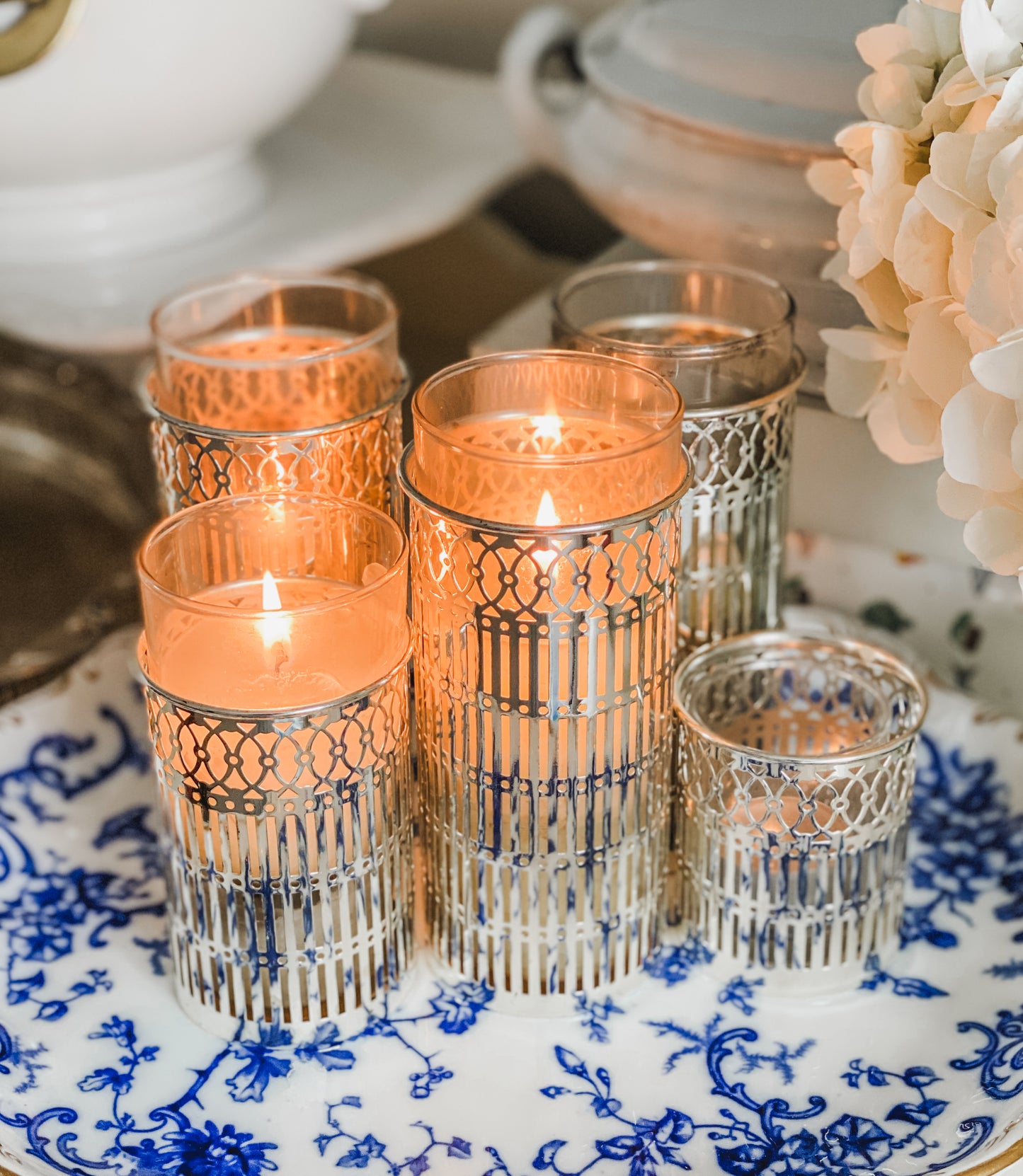 Set of 5 Vintage Reticulated Candleholders with Glass Inserts