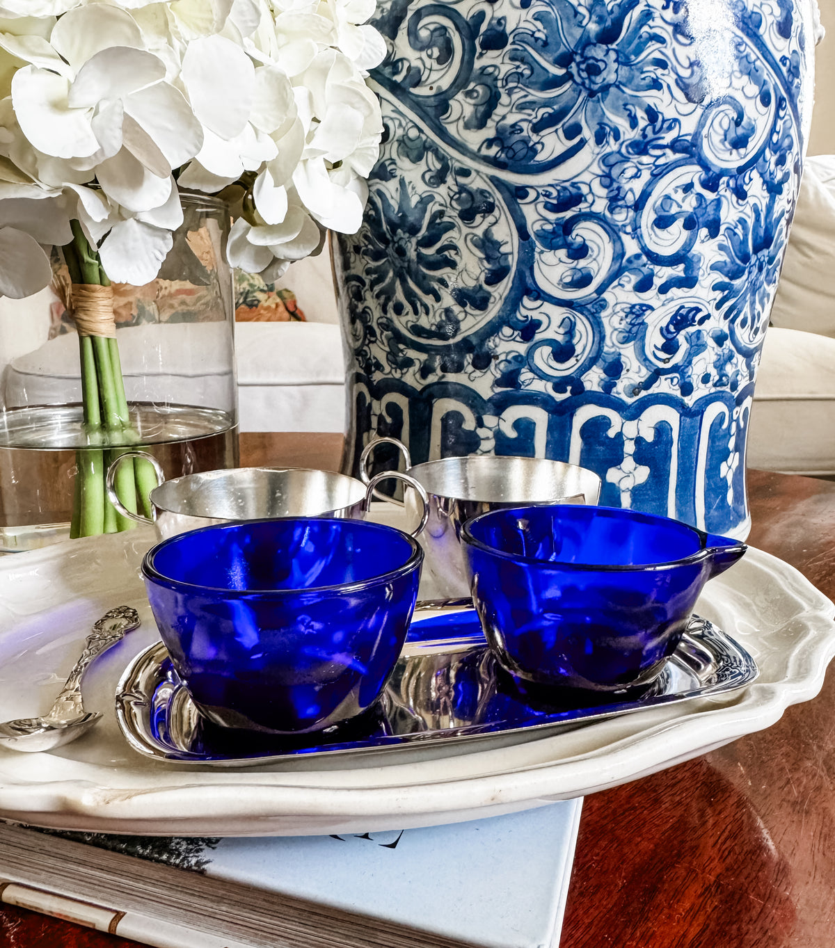 Charming Sugar and Creamer on Tray with Cobalt Liners