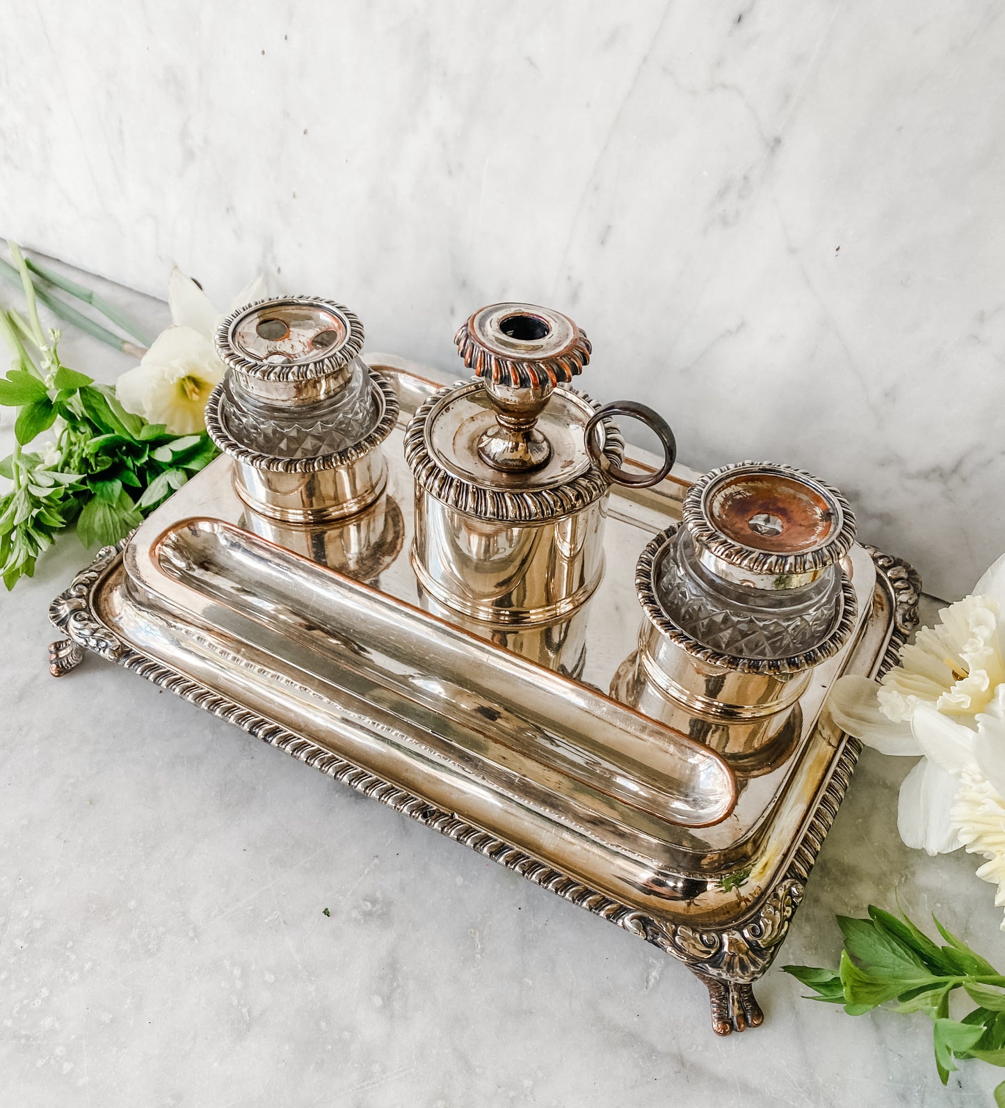Early 1800s Old Sheffield Plate Inkwell Stand with Glass Inserts